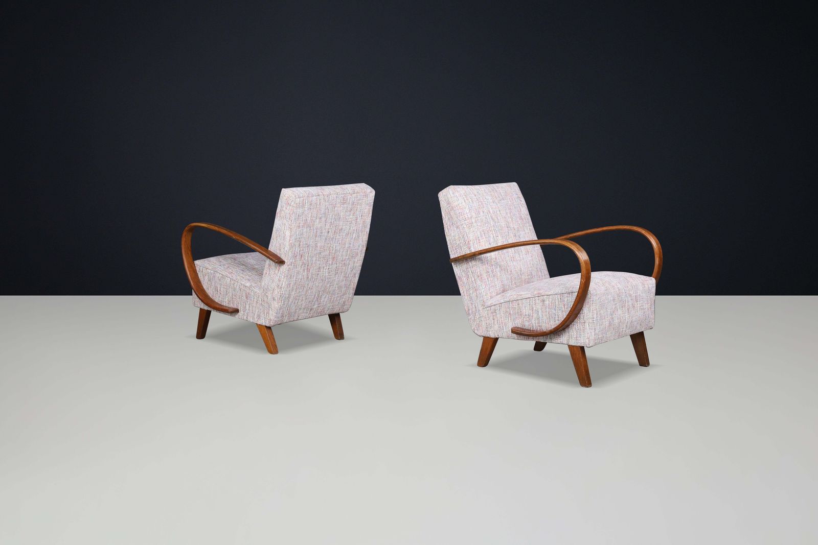 Jindrich Halabala Re Upholstered Patinated Bentwood Lounge Chairs, 1940s photo for sale