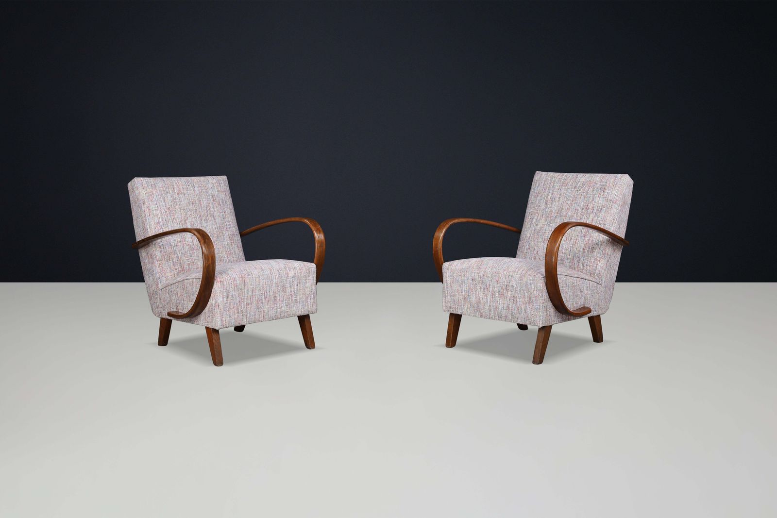 Jindrich Halabala Re Upholstered Patinated Bentwood Lounge Chairs, 1940s photo Furniture