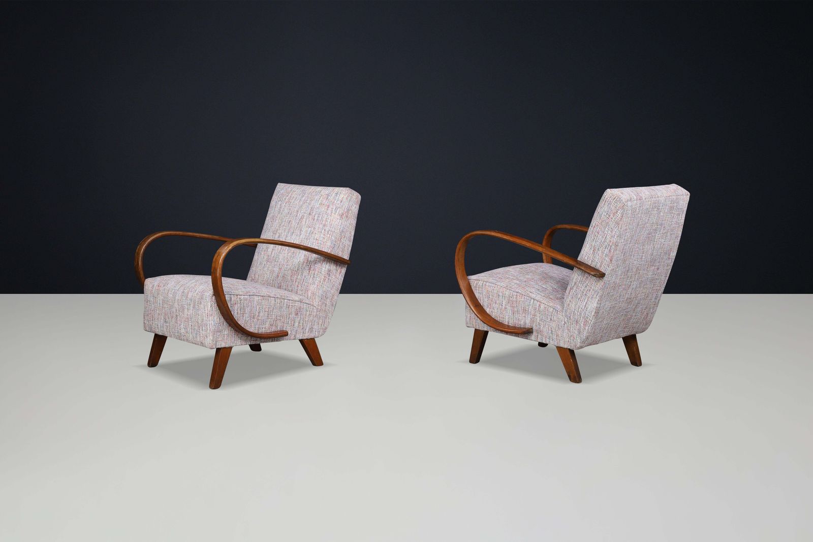 Jindrich Halabala Re Upholstered Patinated Bentwood Lounge Chairs, 1940s photo vinterior