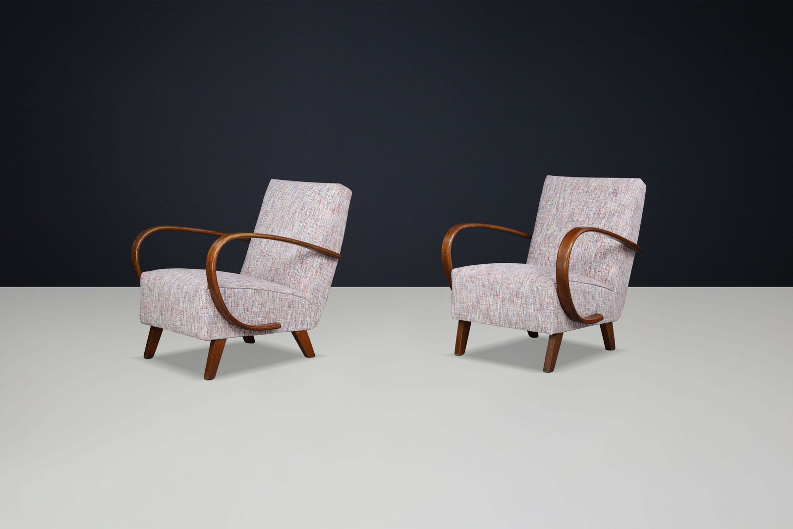 photo furniture Jindrich Halabala Re Upholstered Patinated Bentwood Lounge Chairs, 1940s