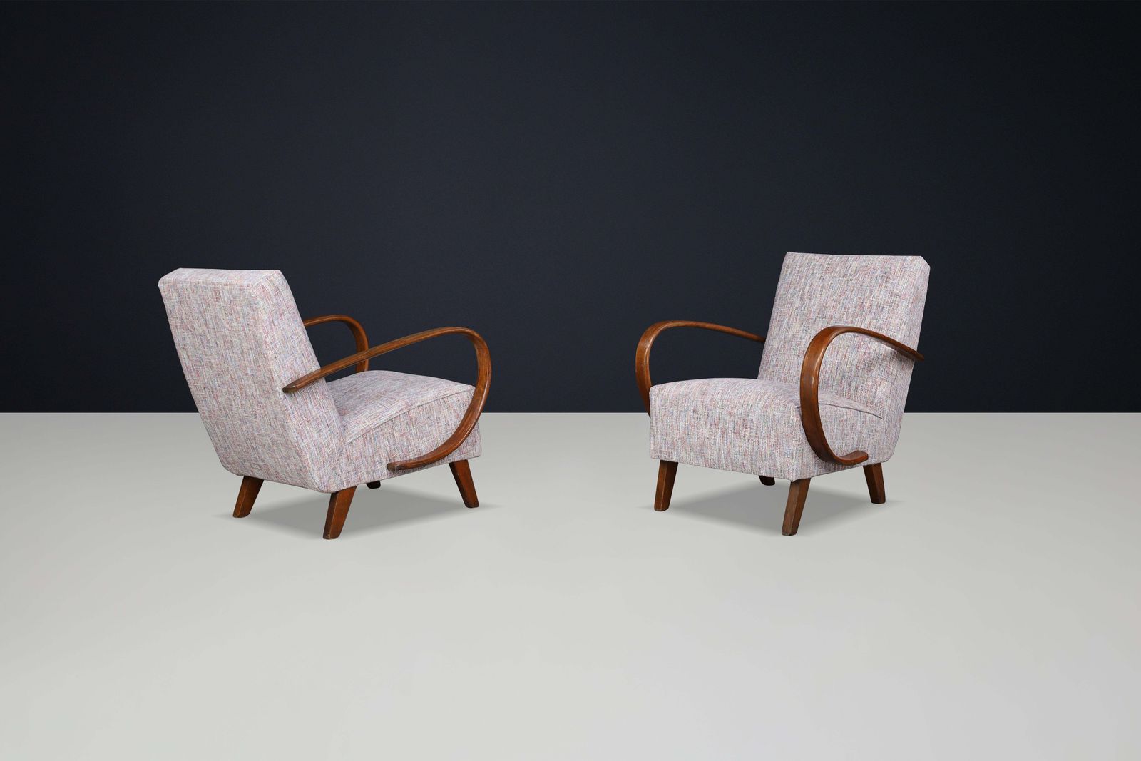 photo for sale Jindrich Halabala Re Upholstered Patinated Bentwood Lounge Chairs, 1940s