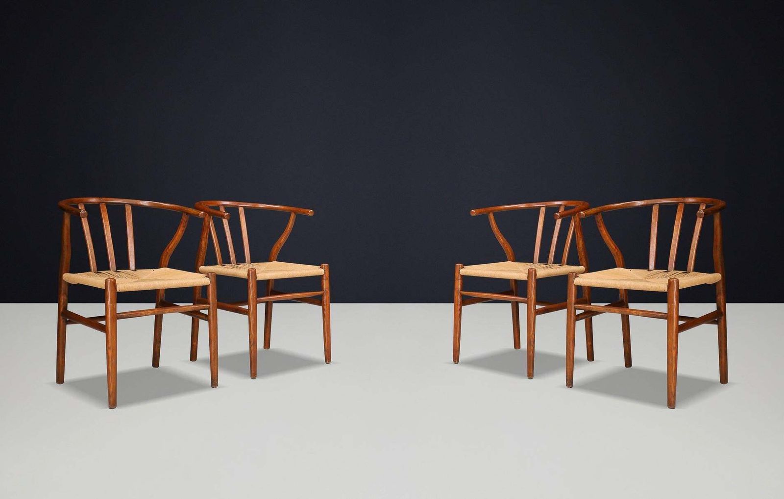 Wicker And Oak Armchairs In The Style Of Hans J. Wegner Wishbone Chair Denmark photo vintage