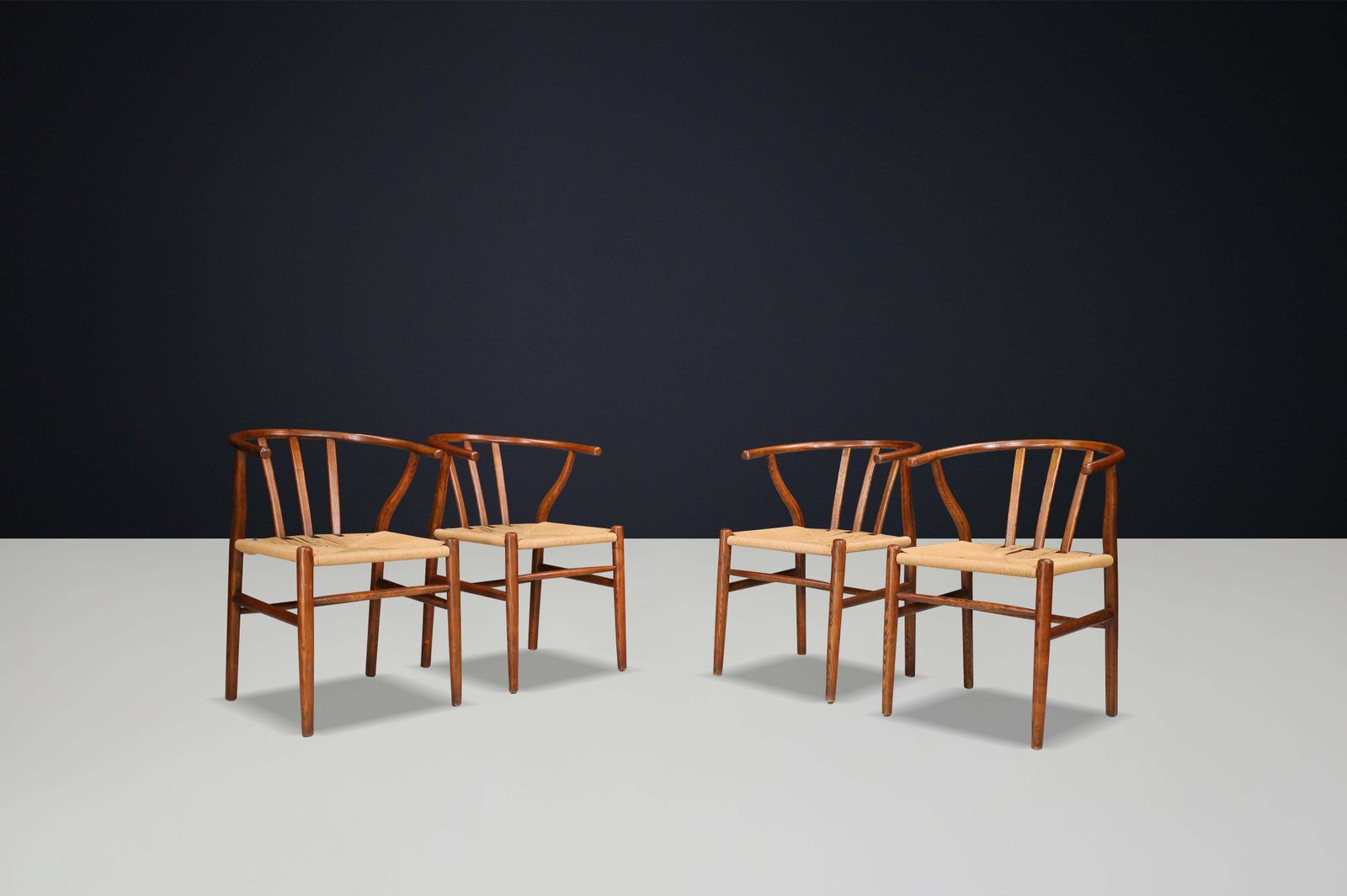 4164.0 Wicker And Oak Armchairs In The Style Of Hans J. Wegner Wishbone Chair Denmark photo