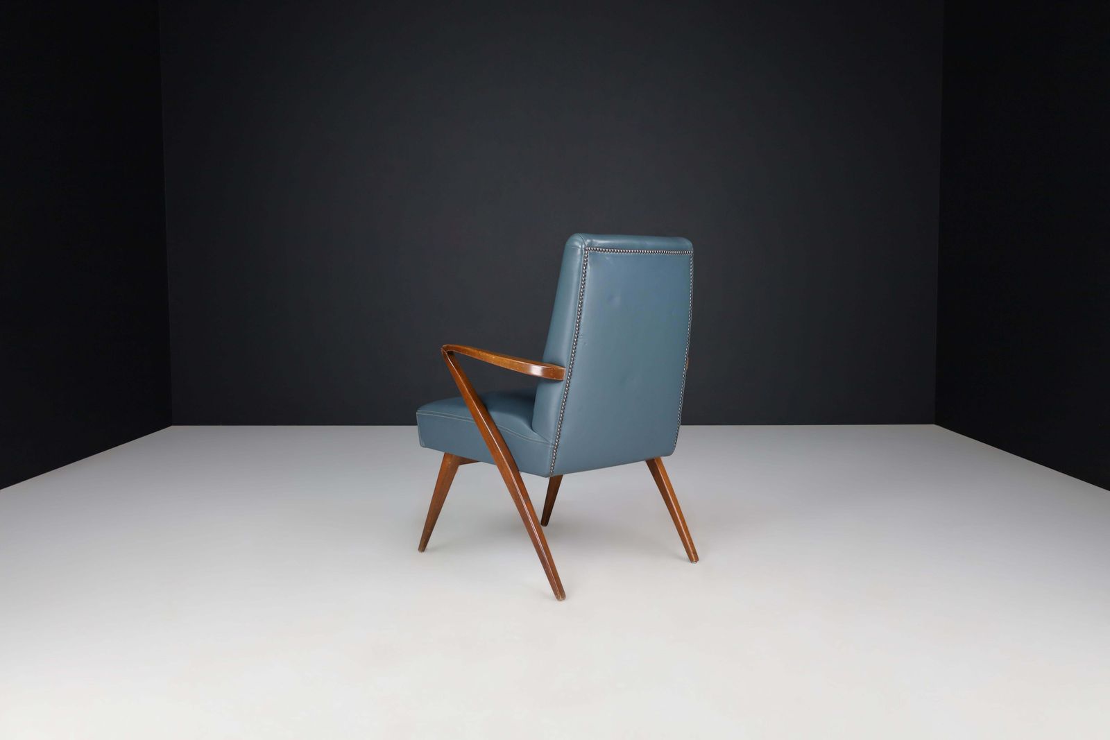 Mid Century Modern French Armchair In Blue Leather, 1950s photo Furniture