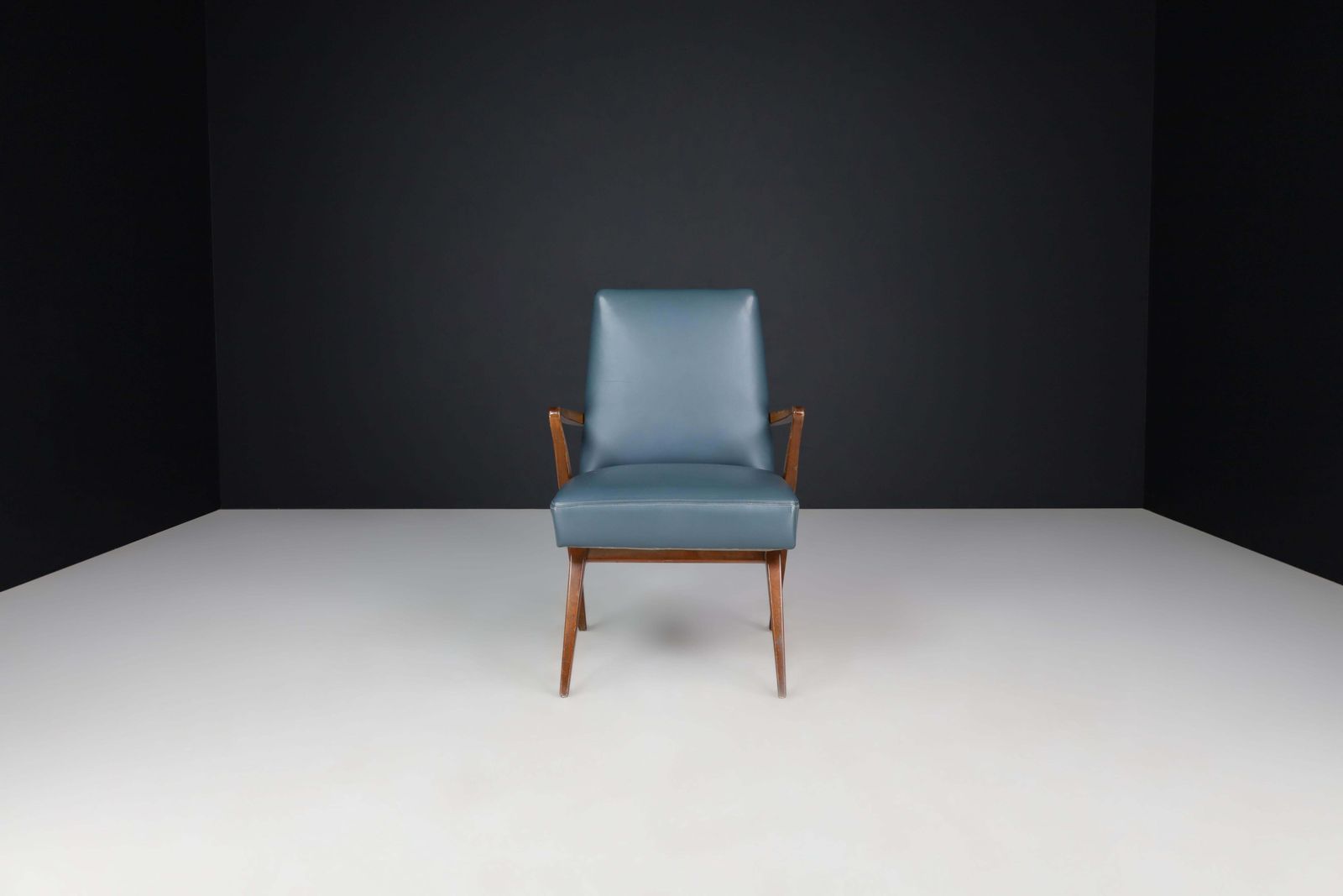 Mid Century Modern French Armchair In Blue Leather, 1950s photo vintage
