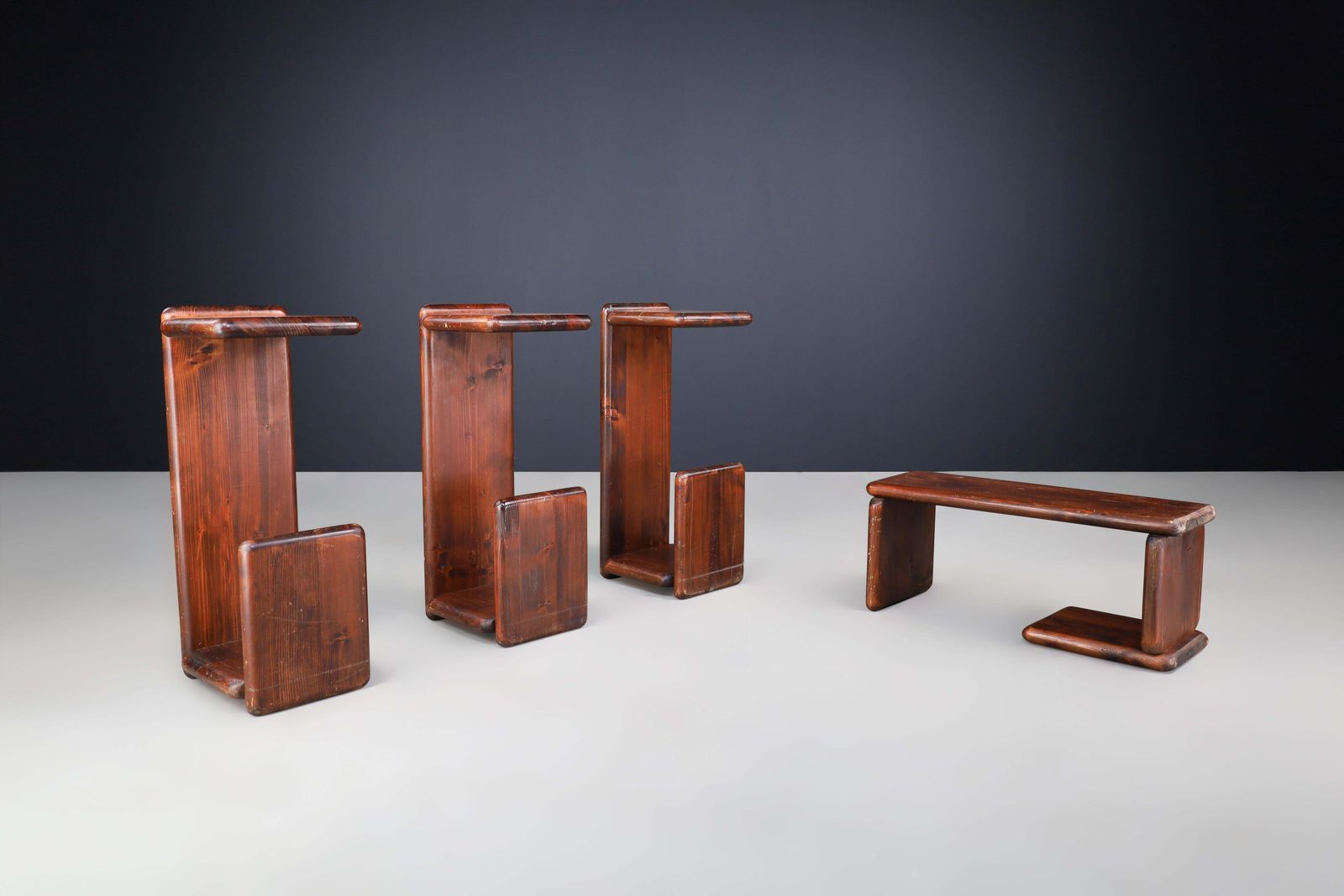 Set Of Four Solid Pine Bar Stools Or Benches, The Netherlands, 1970s photo for sale