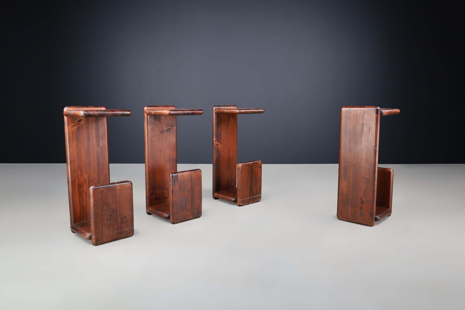 Set Of Four Solid Pine Bar Stools Or Benches, The Netherlands, 1970s photo vinterior