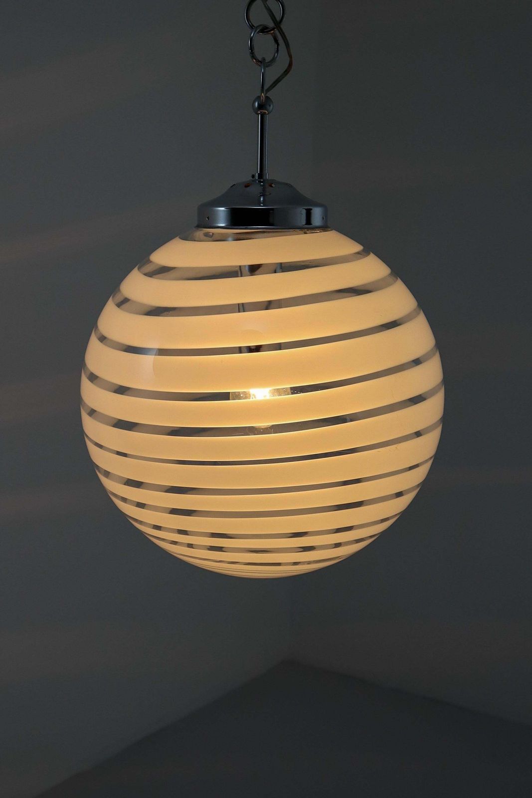 Midcentury Pendant In Chrome And Art Glass With White Streaks, Germany, 1970s photo for sale