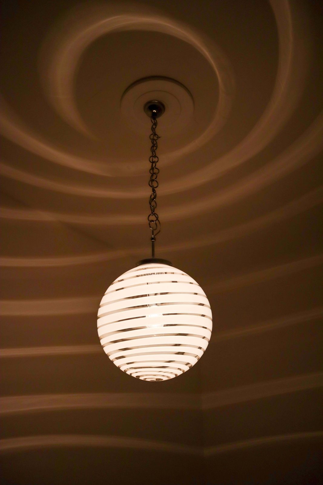 Midcentury Pendant In Chrome And Art Glass With White Streaks, Germany, 1970s photo Lighting