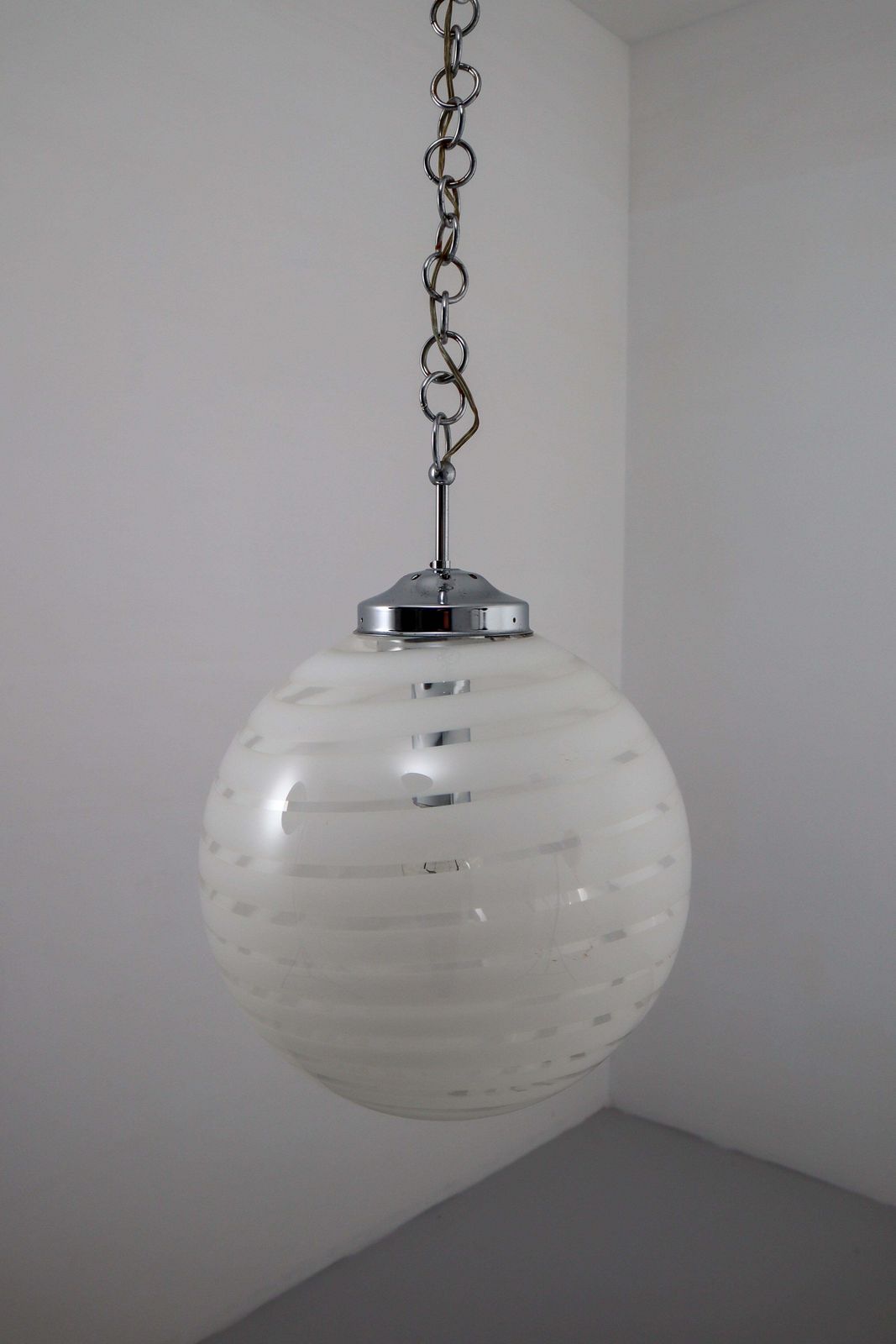 Lighting Midcentury Pendant In Chrome And Art Glass With White Streaks, Germany, 1970s photo