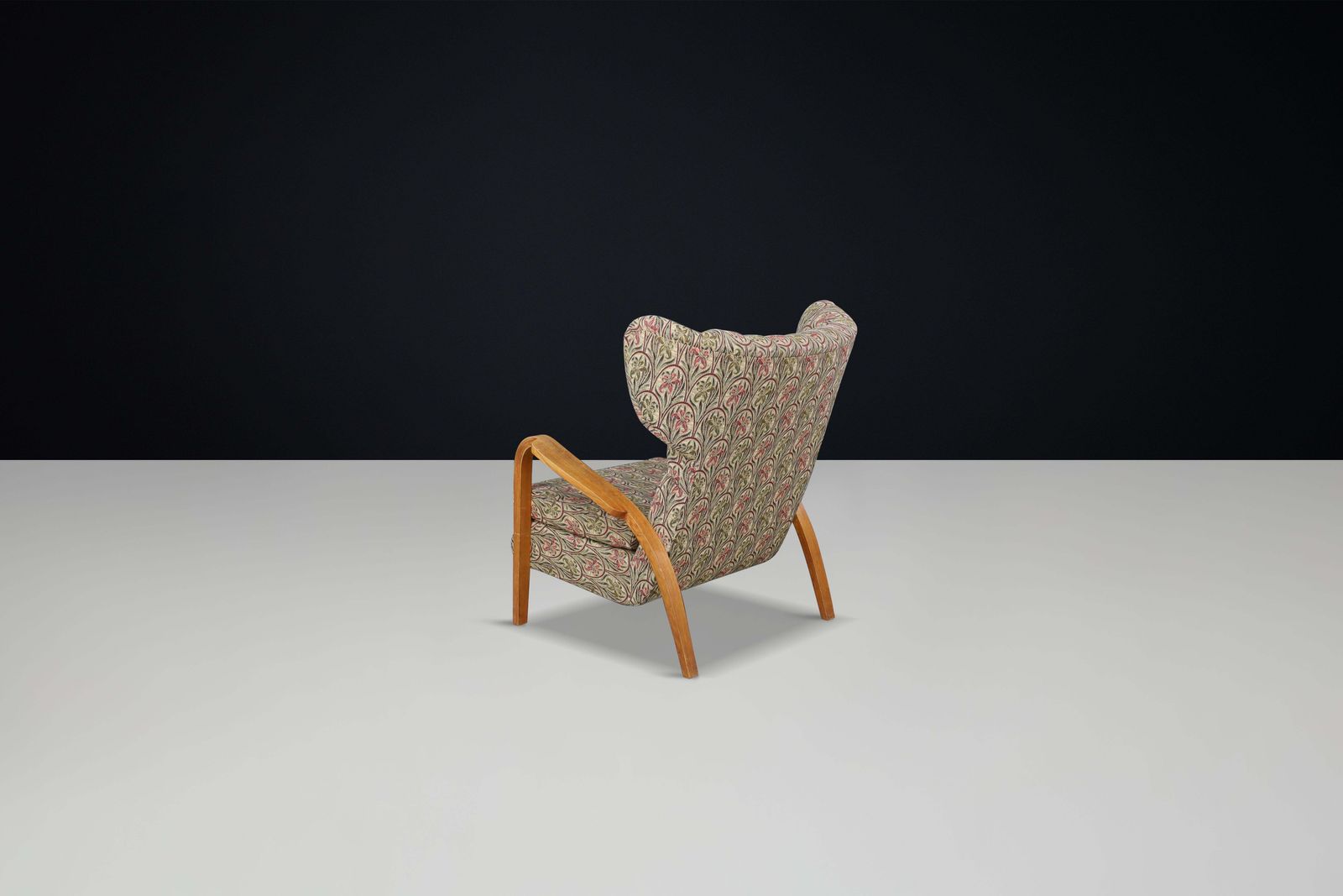 Jan Vanek Wingback Chair In Oak Bentwood And Original Upholstery – Prague, 1940s photo for sale