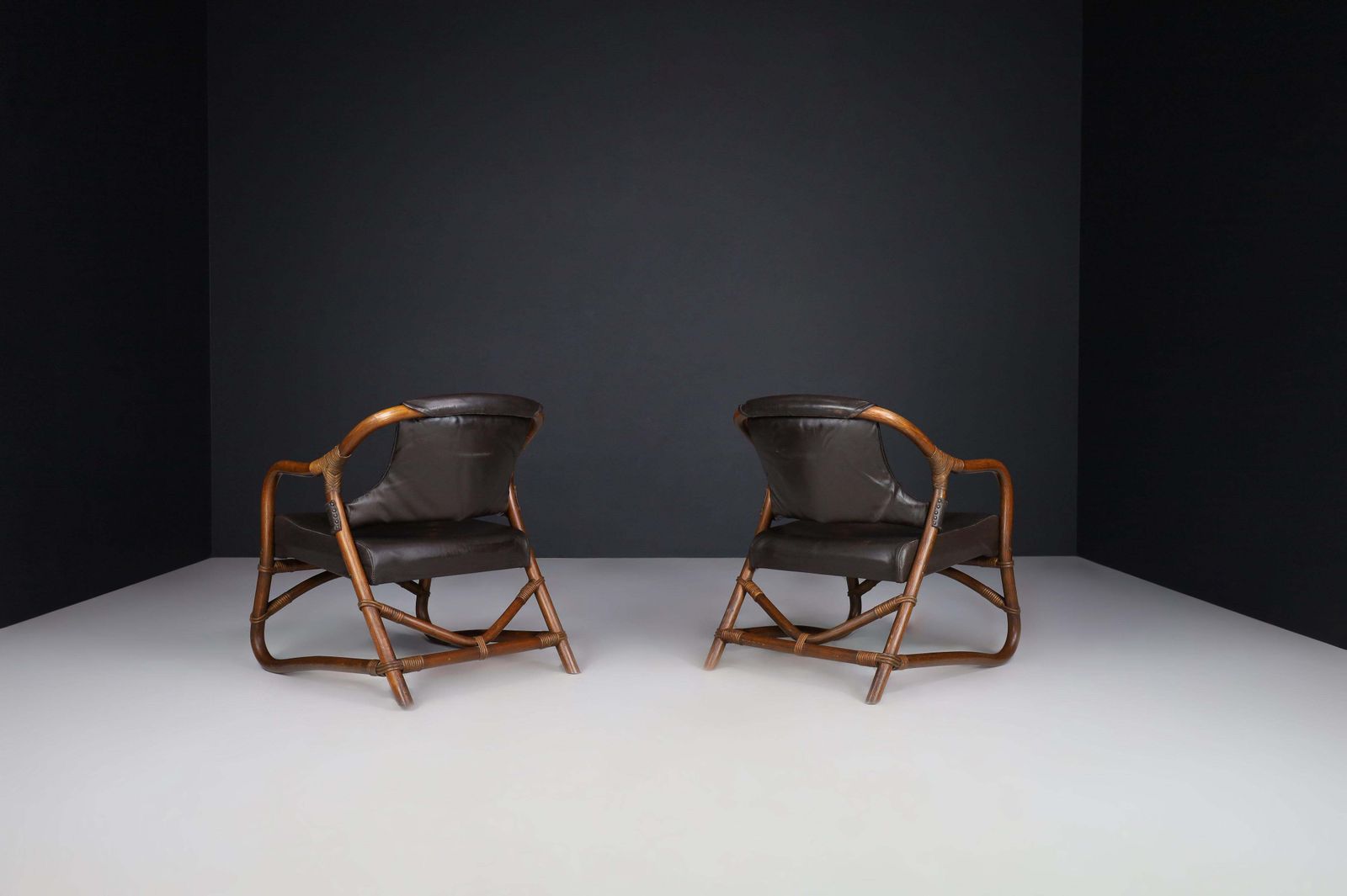 Pair Of "Manilla" Lounge Chairs In Bamboo And Leather By Horsnæs, 1960s Denmark photo vinterior