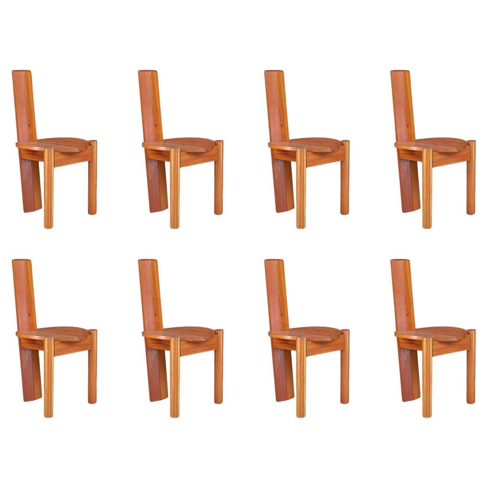 Set Of 8 Italian Postmodern Sculptural Pine Dining Chairs, 1970s