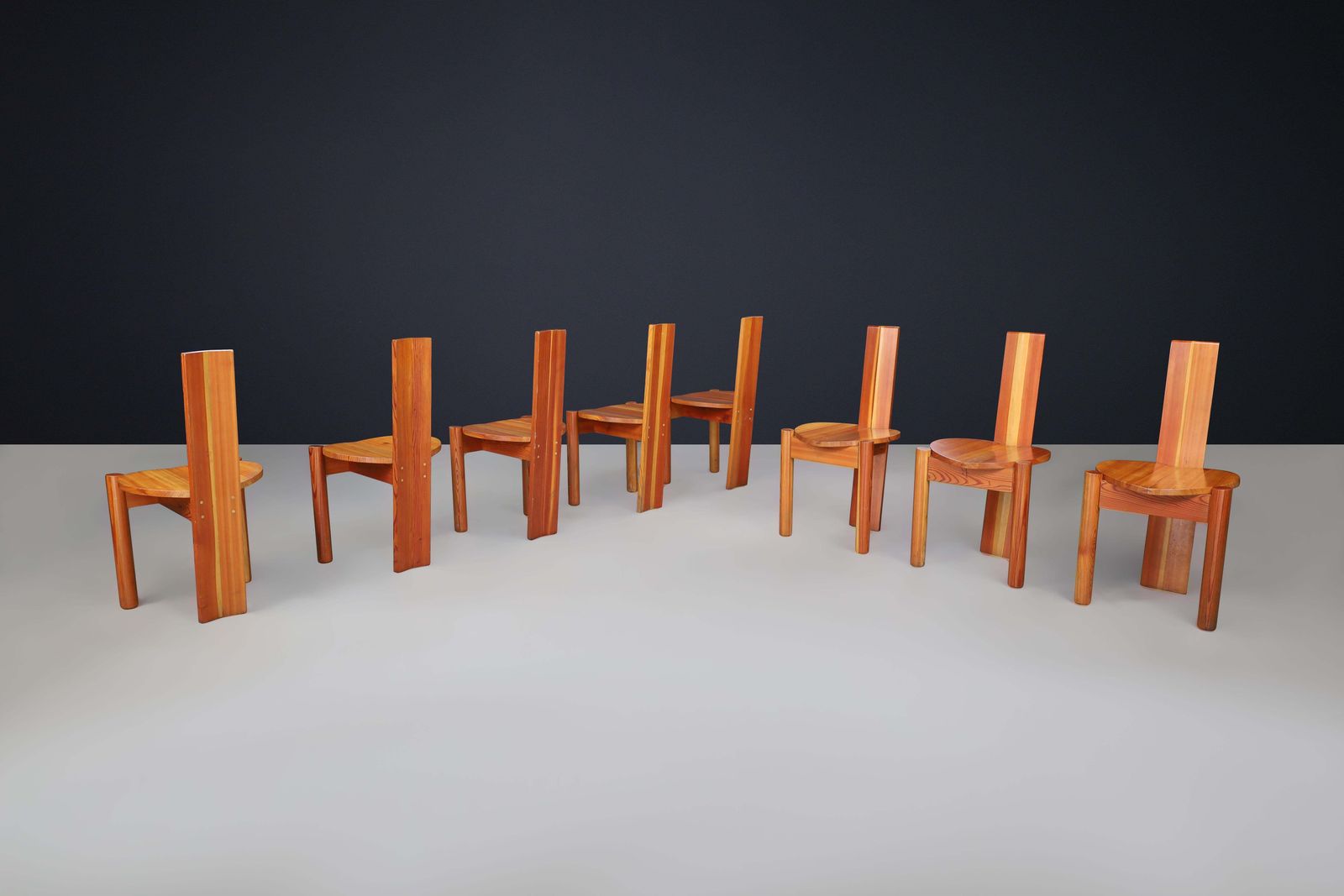Set Of 8 Italian Postmodern Sculptural Pine Dining Chairs, 1970s photo buy