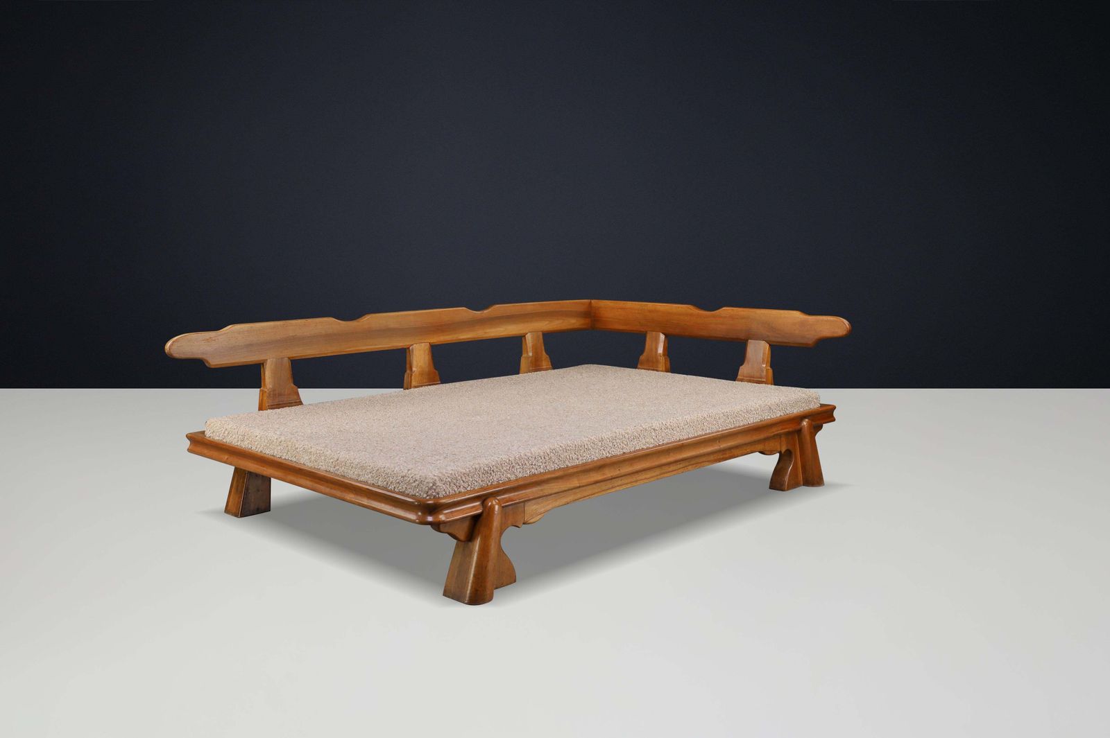 photo for sale Monumental French Brutalist Walnut Daybed, Sculptural With Bouclé Upholstery.