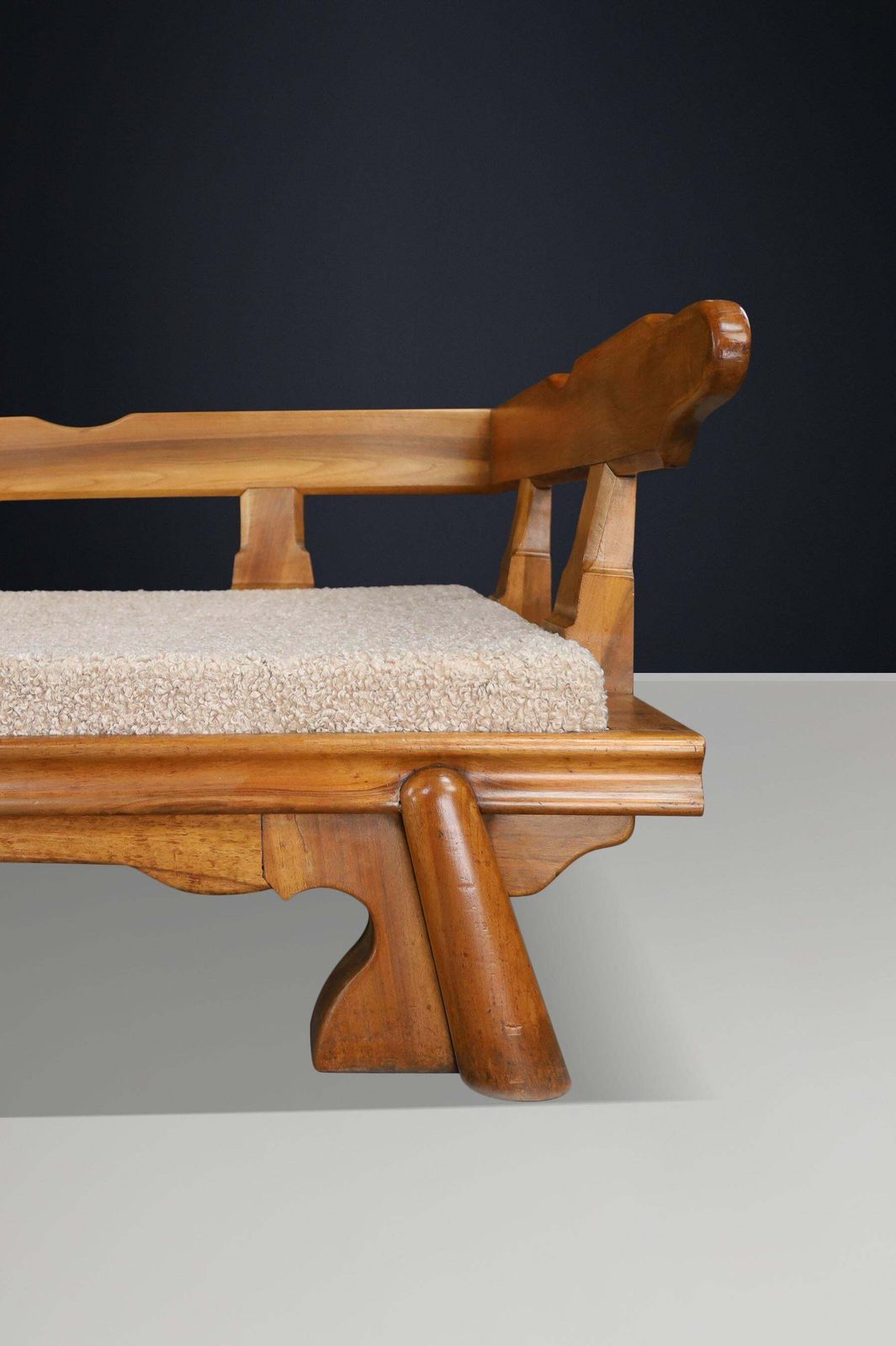 6944.0 Monumental French Brutalist Walnut Daybed, Sculptural With Bouclé Upholstery. photo