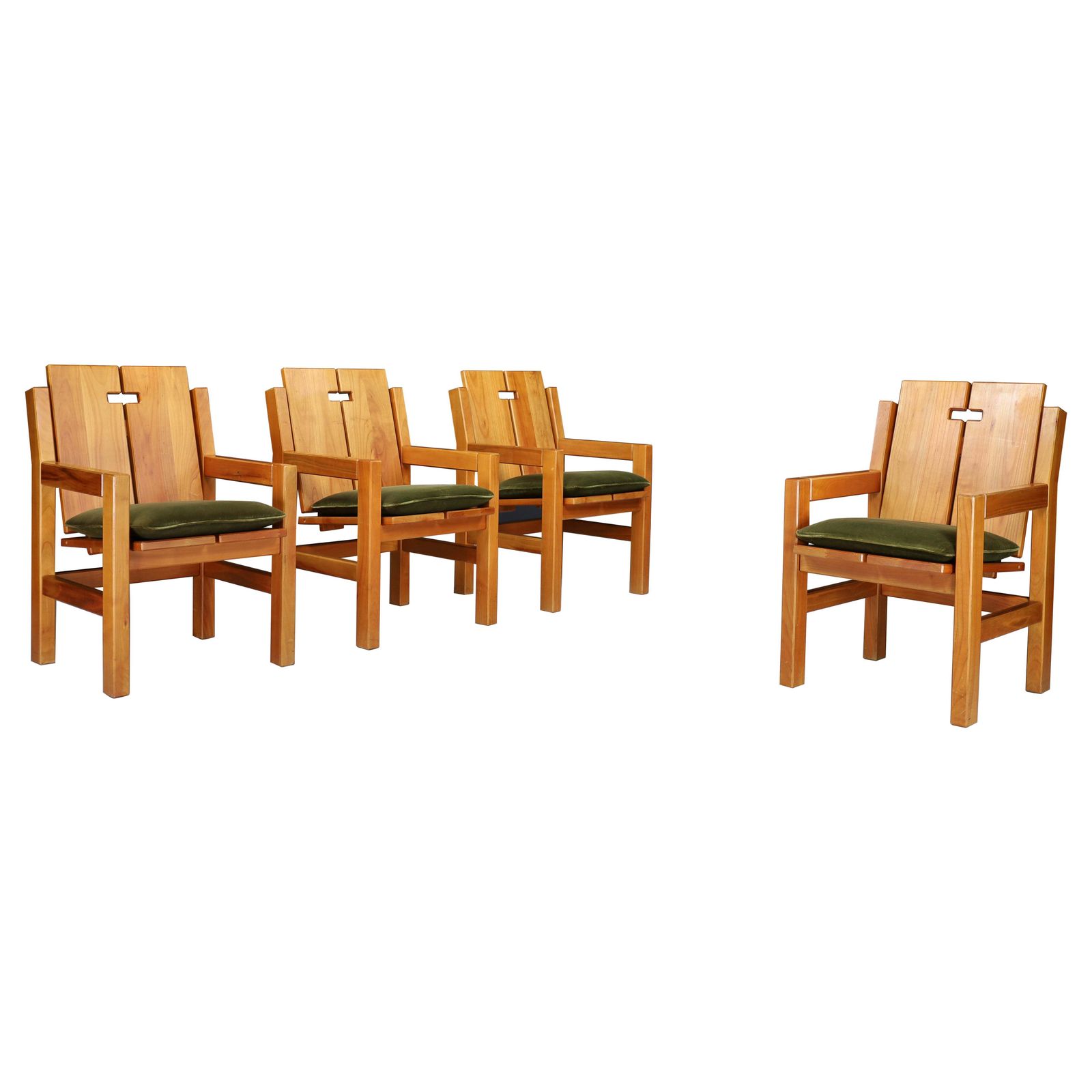 Mid Century Modern Elm Armchairs With Green Velvet Upholstery, France 1970s