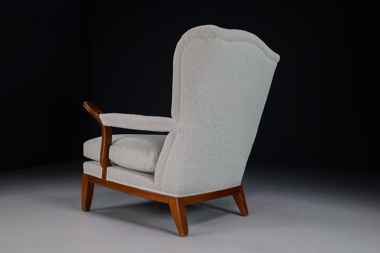 Large Wingback Chair In Walnut And New Bouclé Fabric, France, 1930s photo 5278.0
