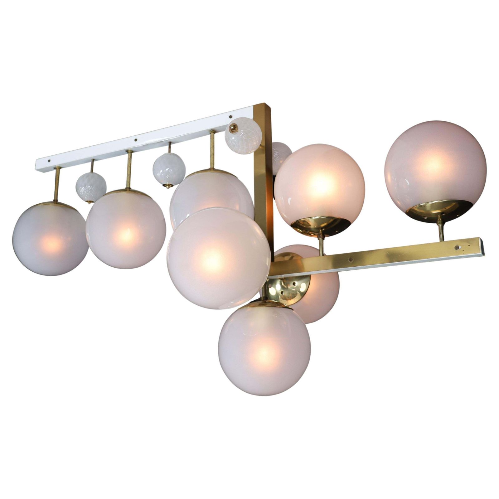 Mid Century Modern Brass And Frosted Glass Chandelier, Prague, 1960s