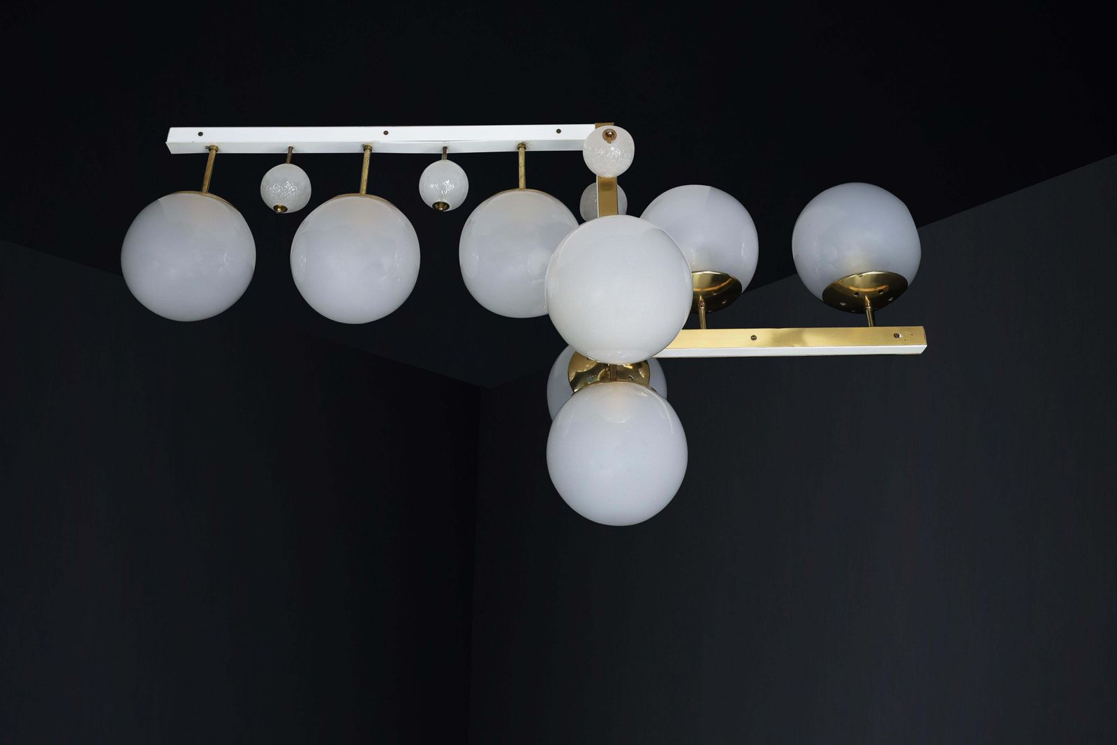 photo furniture Mid Century Modern Brass And Frosted Glass Chandelier, Prague, 1960s