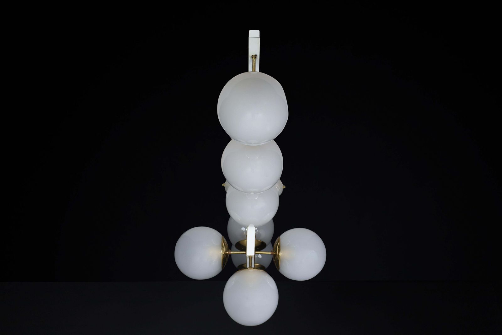 Lighting Mid Century Modern Brass And Frosted Glass Chandelier, Prague, 1960s photo