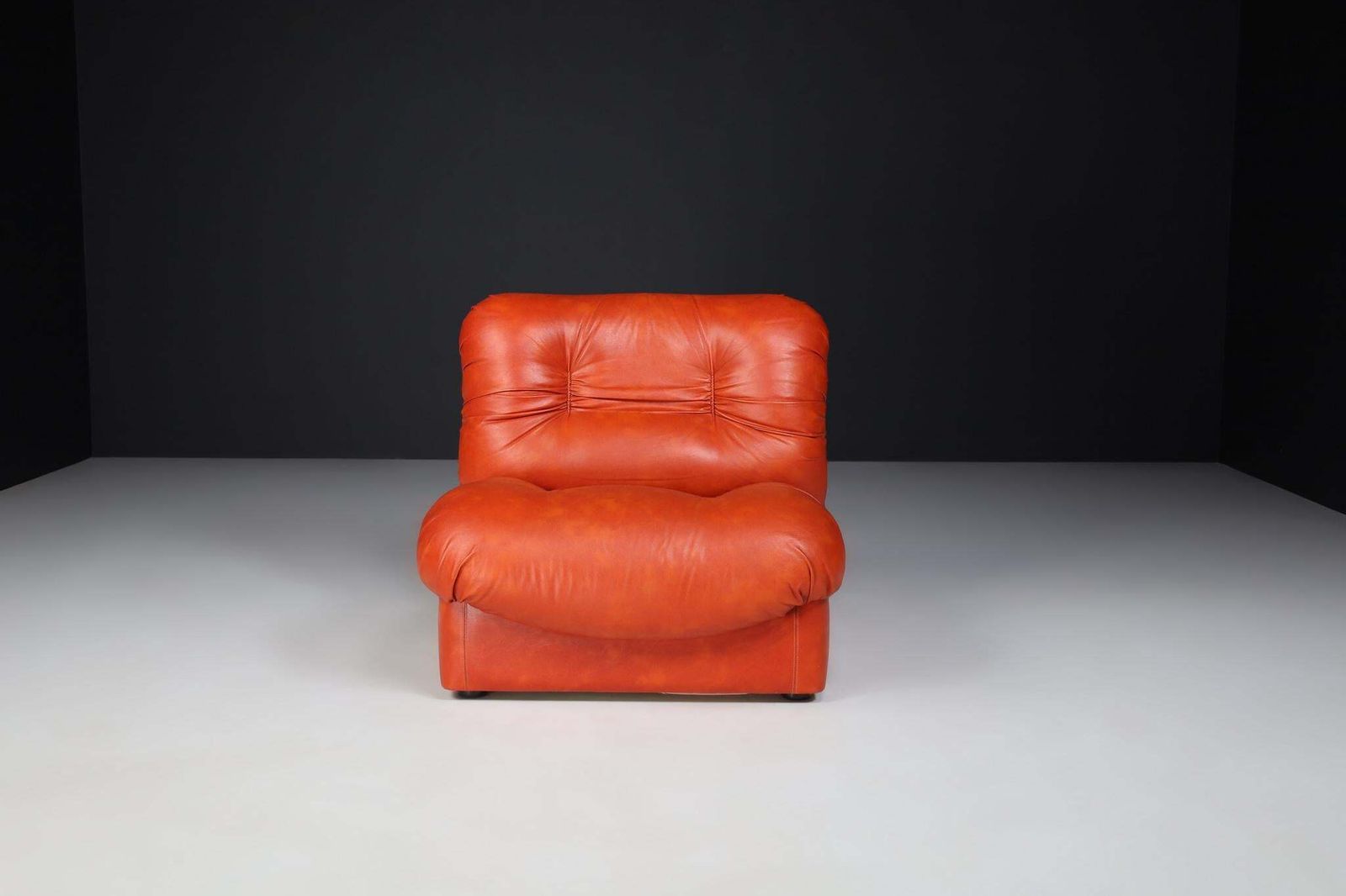 Set Of Four Red Leather Mid Century Lounge Chairs, Sofa , Italy 1970 photo vintage