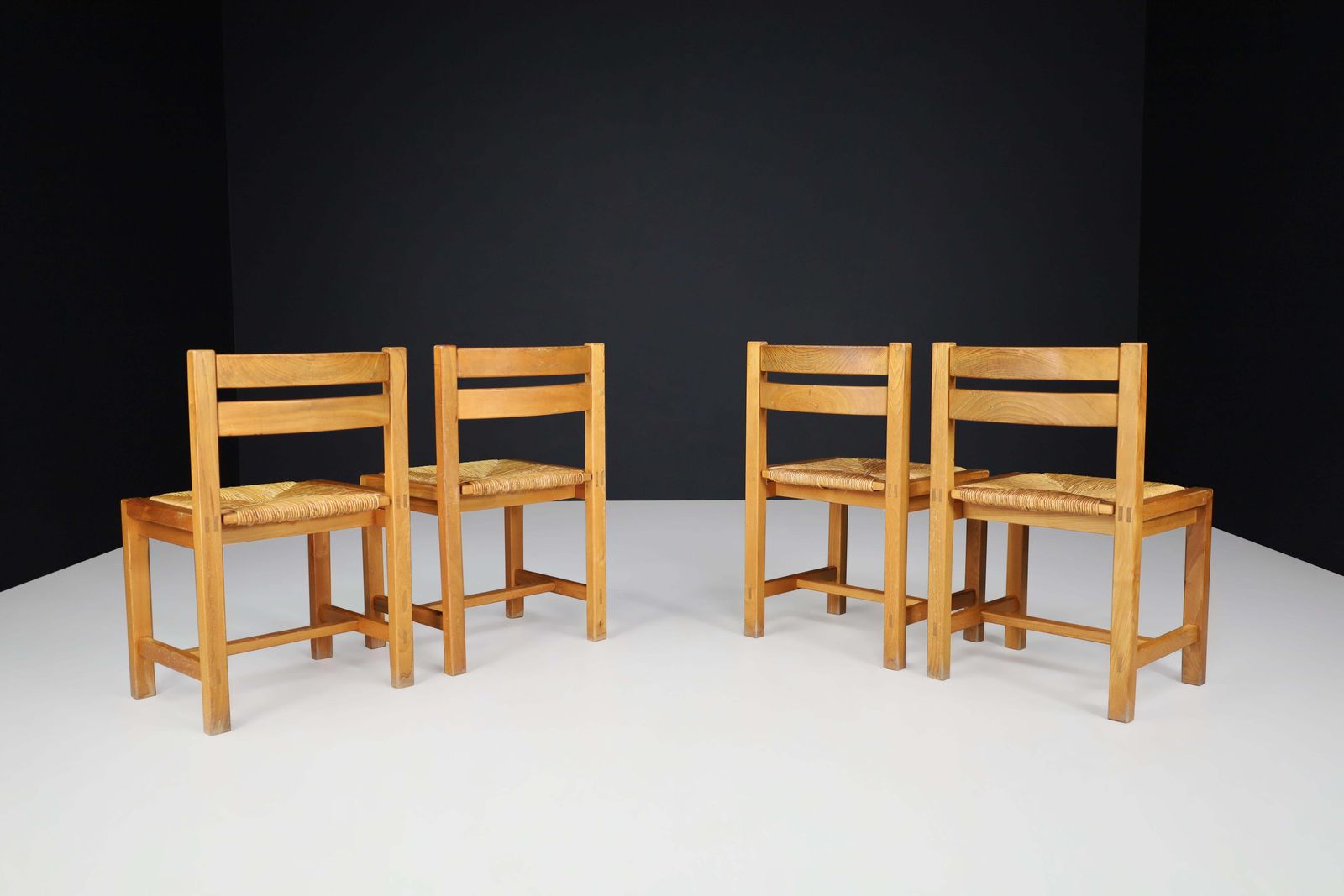 Set Of 4 Mid Century Modern Elm And Rush Dining Chairs By Maison Regain, France photo Furniture