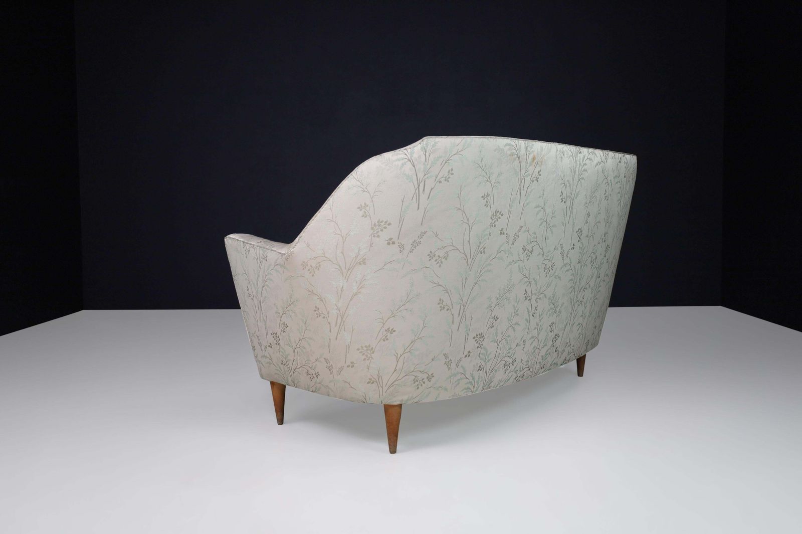photo for sale Mid Century Sofa In Leaf Motif Fabric And Tapered Wooden Legs, Italy, 1950s