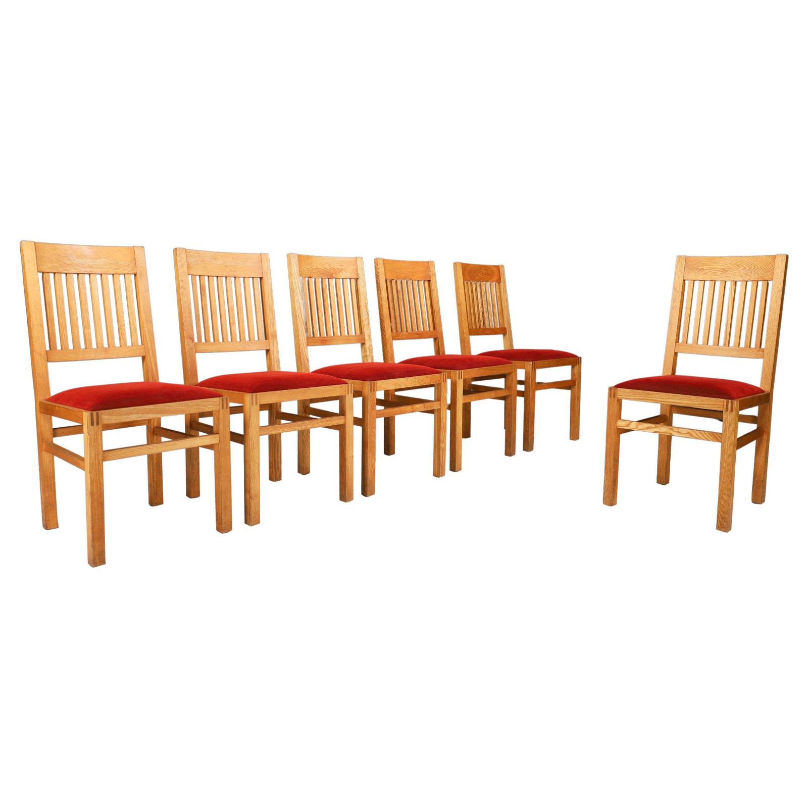 Blonde Oak And Crimson Red Velvet Dining Room Chairs The Netherlands 1970s Set/6