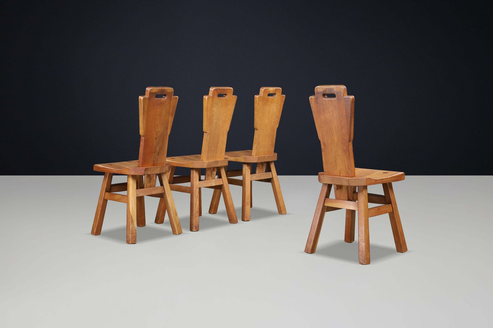 Set Of Four Brutalist Oak Dining Chairs, Belgium, 1960s photo for sale