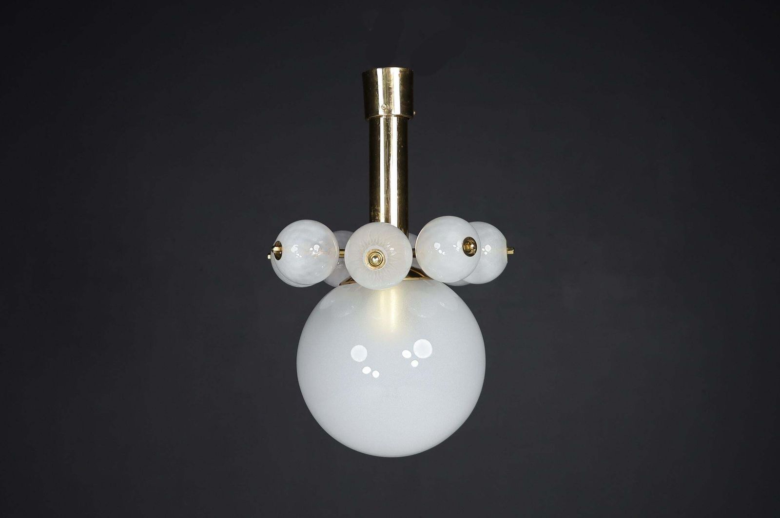 Large Set Chandeliers With Brass Fixture And Hand Blowed Frosted Glass Globes photo Lighting