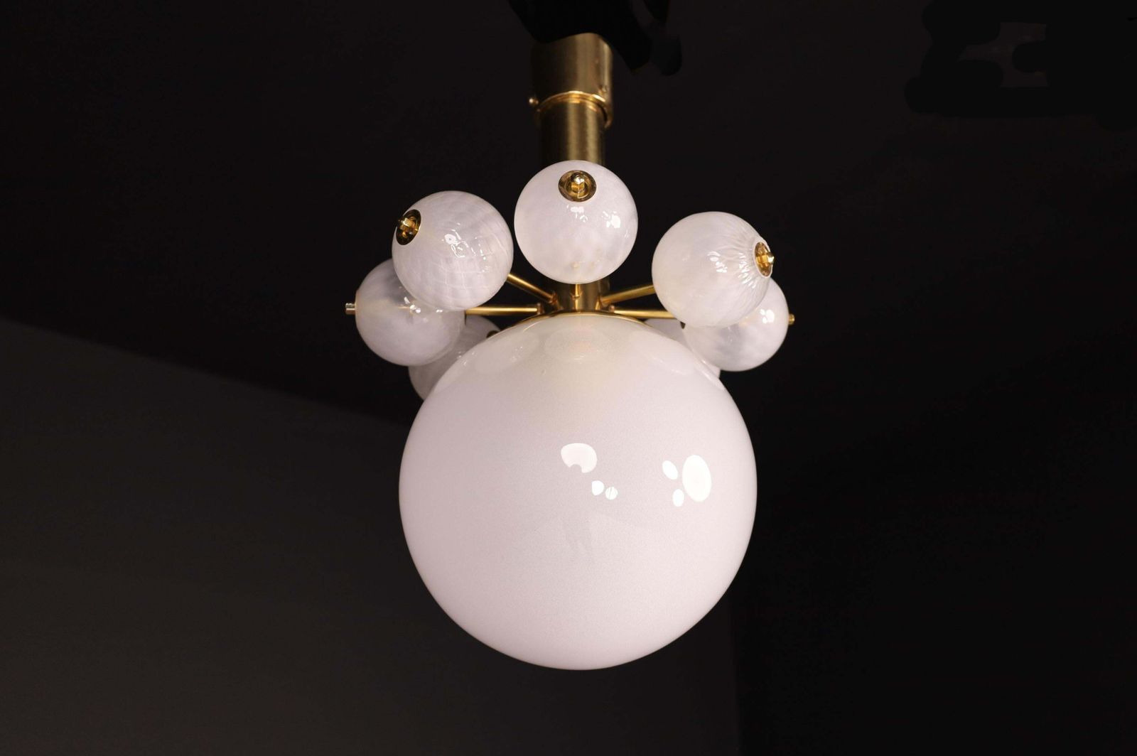Large Set Chandeliers With Brass Fixture And Hand Blowed Frosted Glass Globes photo buy
