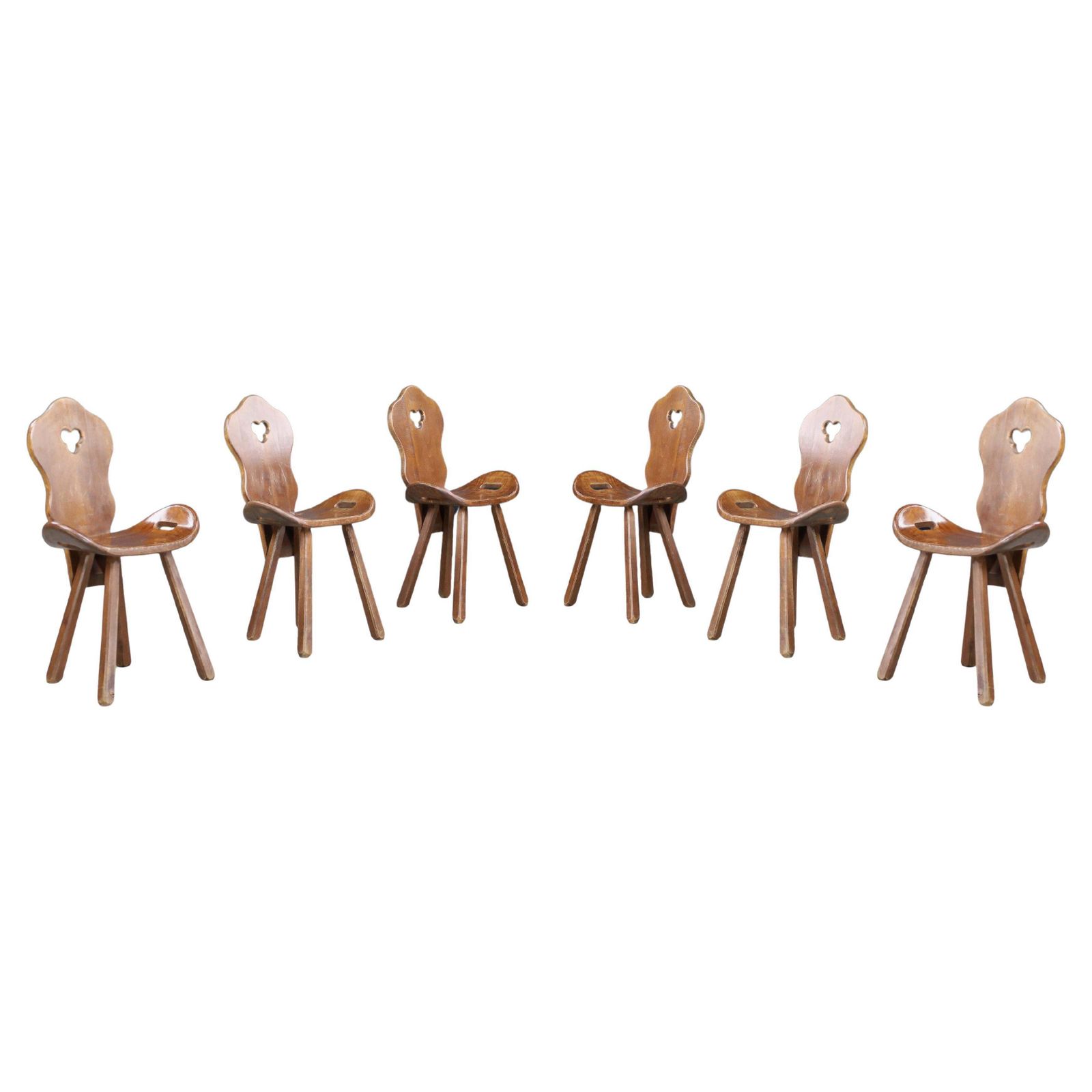 Set Of 6 Brutalist Saddle Chairs In Stained Beech With Patina, France, 1950s
