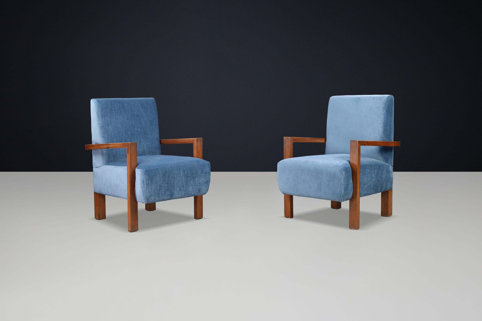 Pair Of Giovanni Michelucci Armchairs In Blue Velvet, Italy, 1940s photo furniture