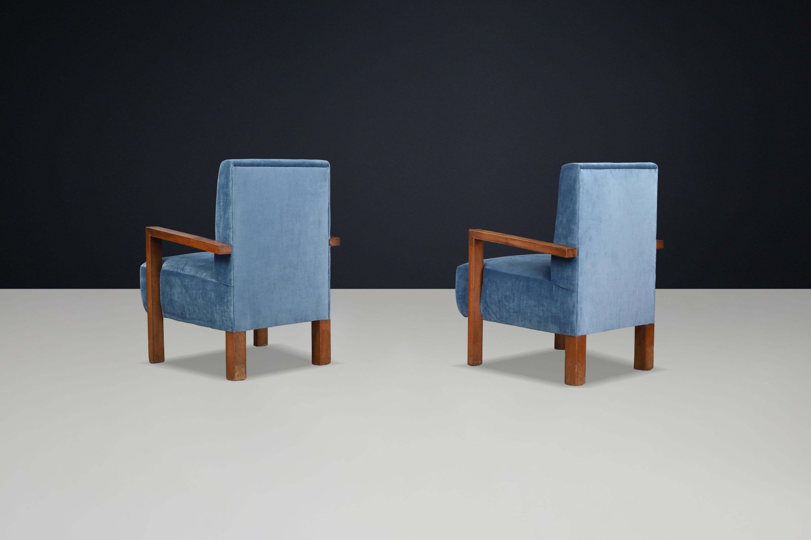 photo for sale Pair Of Giovanni Michelucci Armchairs In Blue Velvet, Italy, 1940s