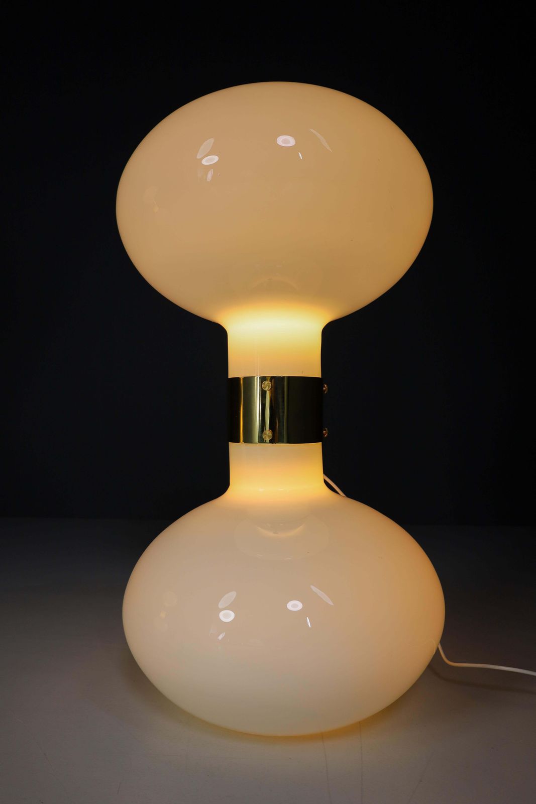 Pair Of Two Brass And Opaline Glass Floor Table Lamps, Italy 1970s photo buy