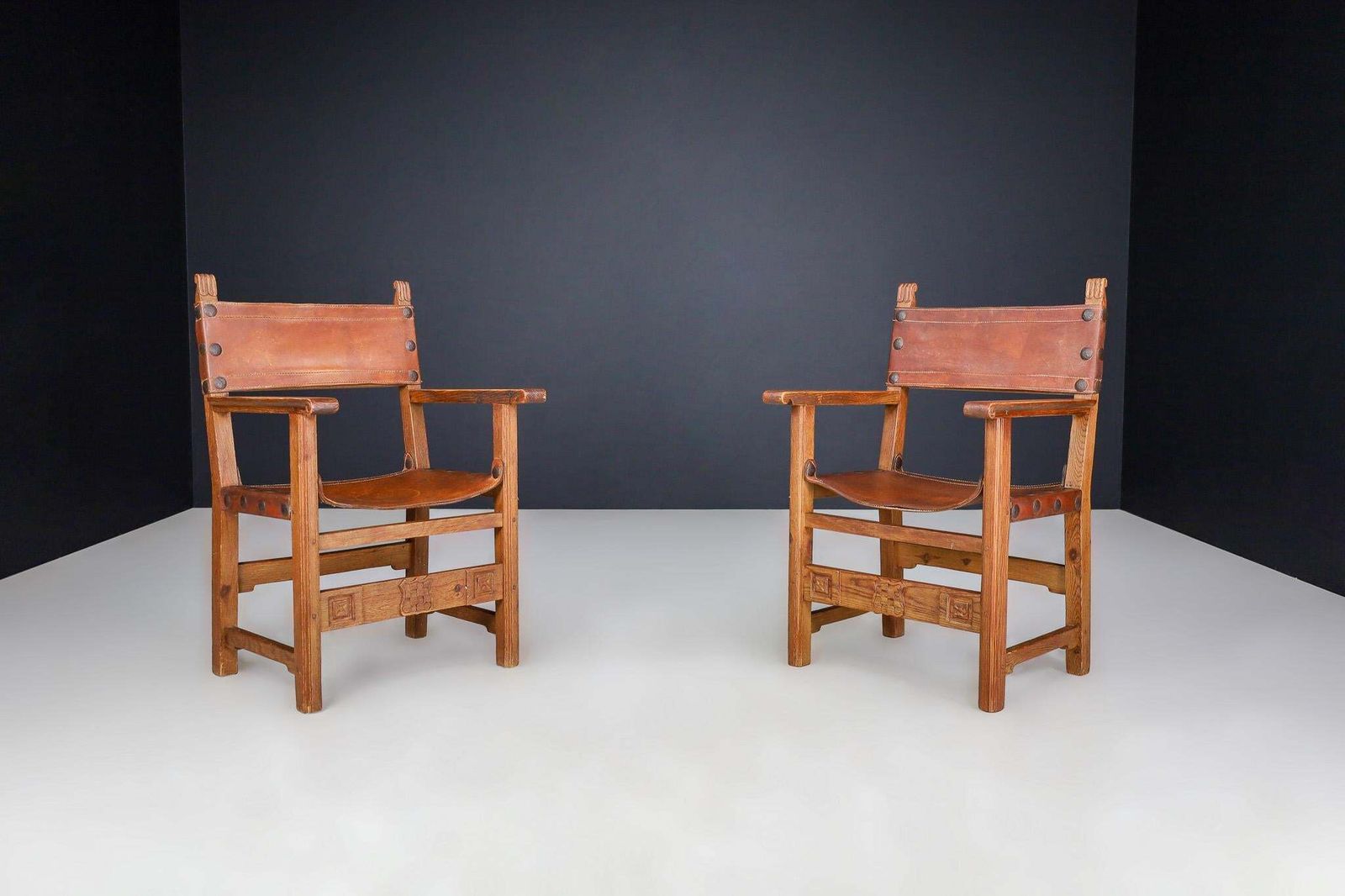 Provincial Mid Century Armchairs In Patinated Cognac Saddle Leather, France 1950 photo for sale