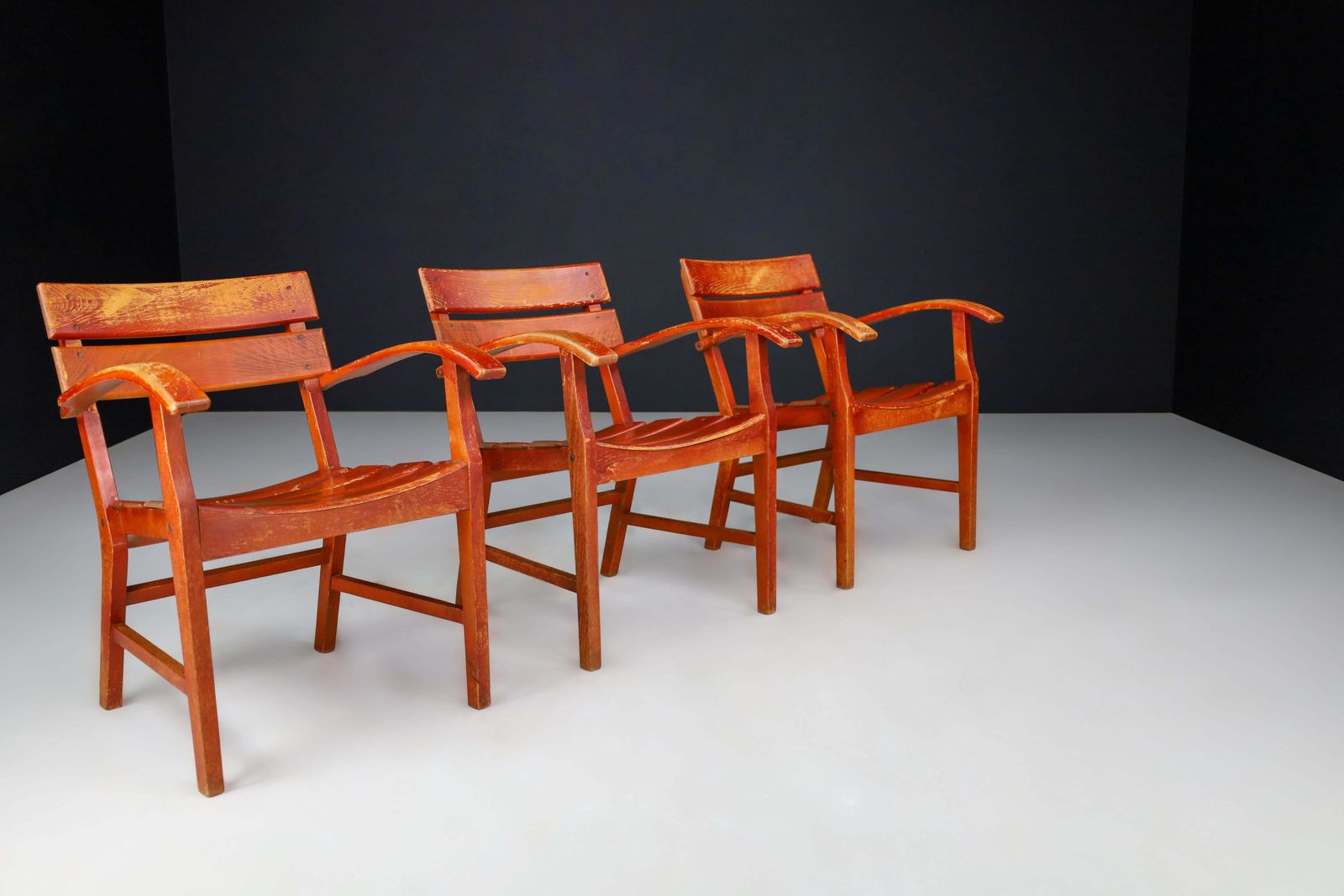 Midcentury Patinated French Oak Garden Armchairs, France 1950s photo for sale