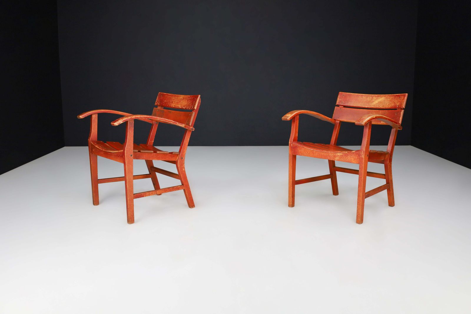Midcentury Patinated French Oak Garden Armchairs, France 1950s photo 3000.0
