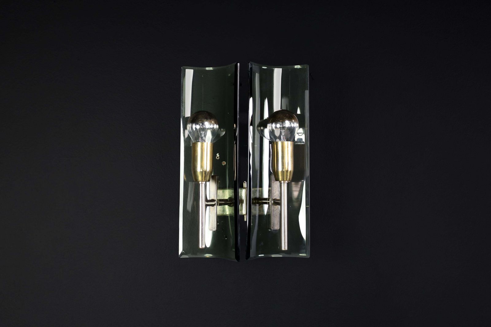 Set Of Six Gino Paroldo Sconces In Brass And Curved Glass, Italy 1950s photo furniture
