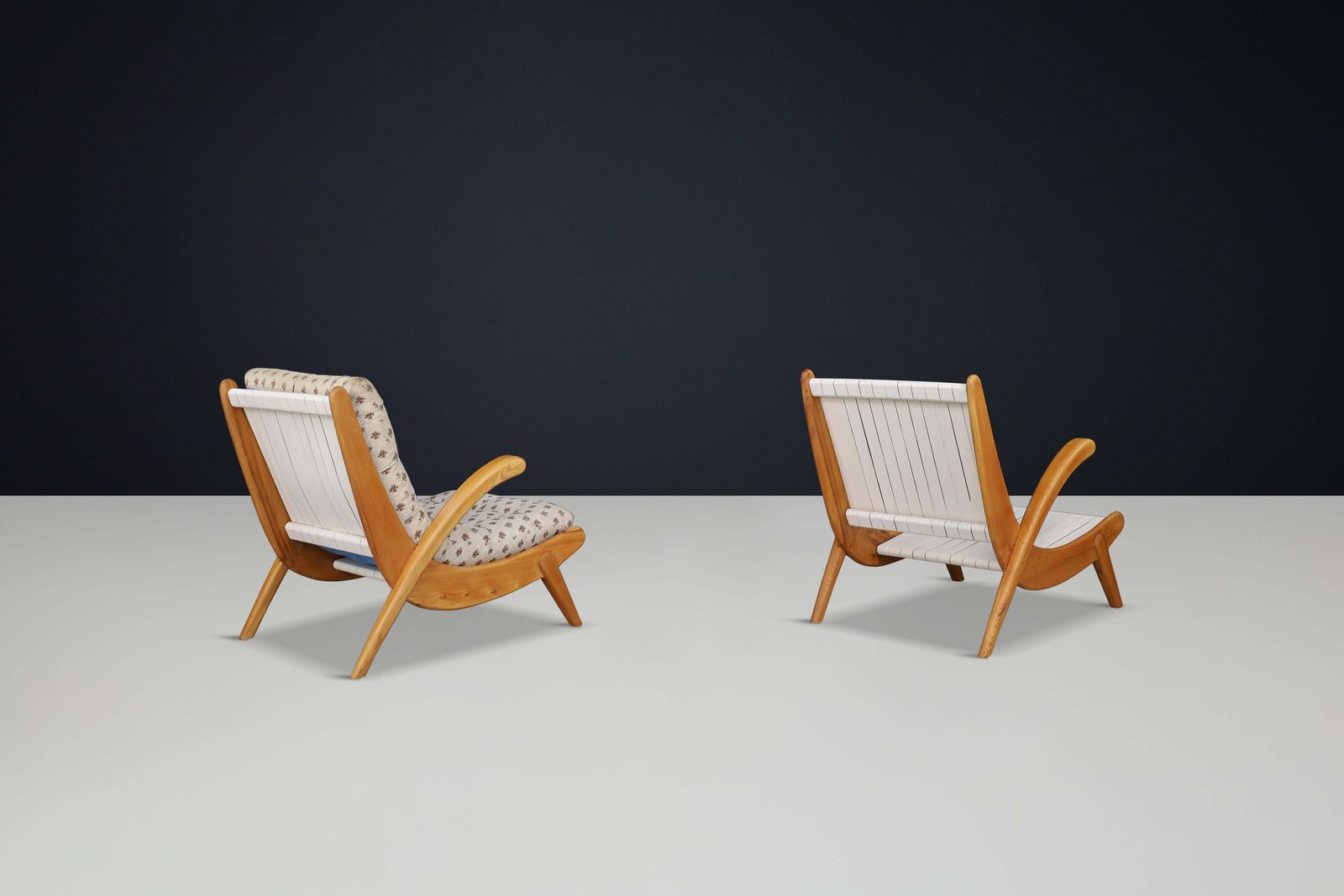 Jan Vanek's Curved Easy Chairs Curved Oak, Canvas And Original Upholstery 1950 photo vinterior