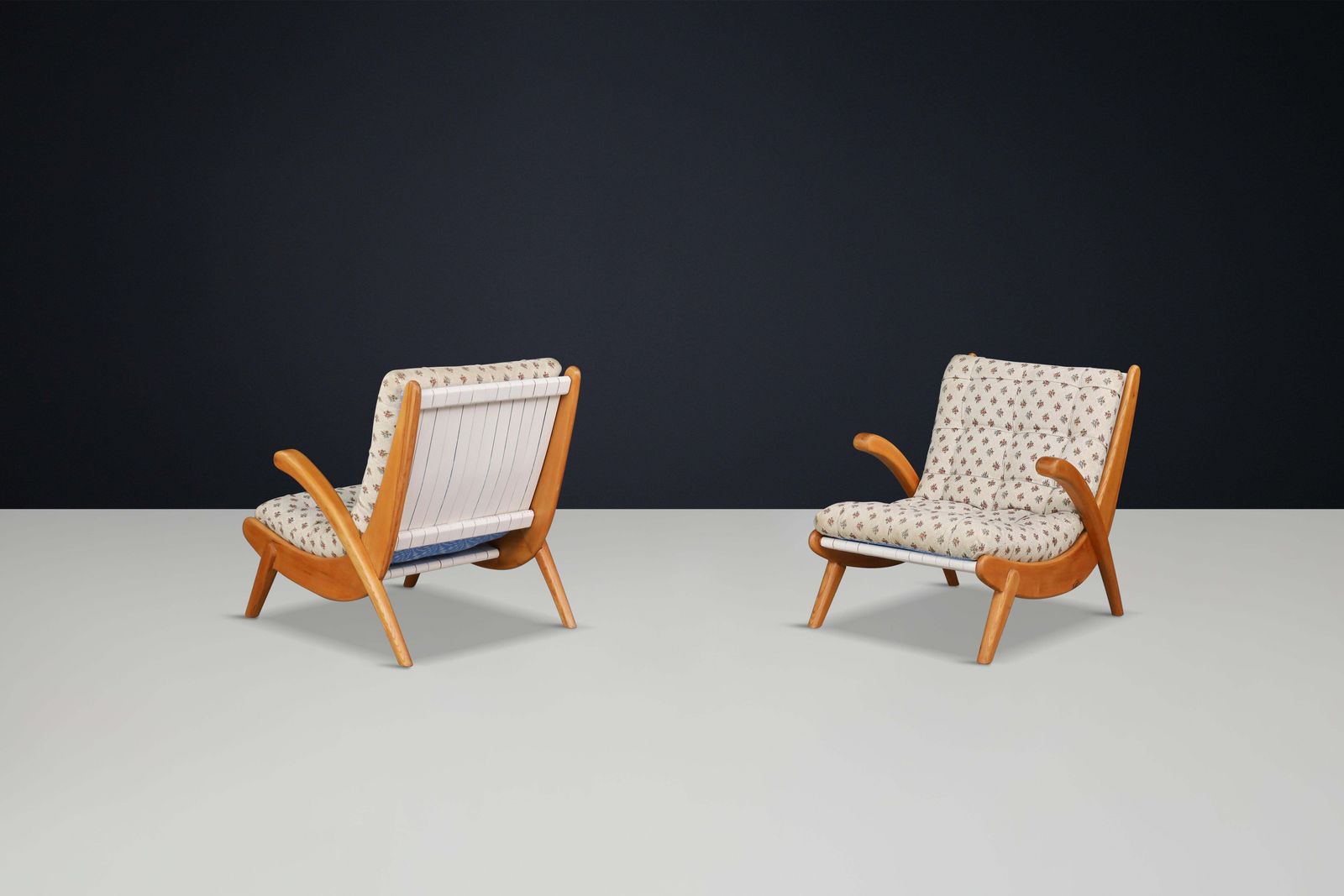Jan Vanek's Curved Easy Chairs Curved Oak, Canvas And Original Upholstery 1950 photo vintage