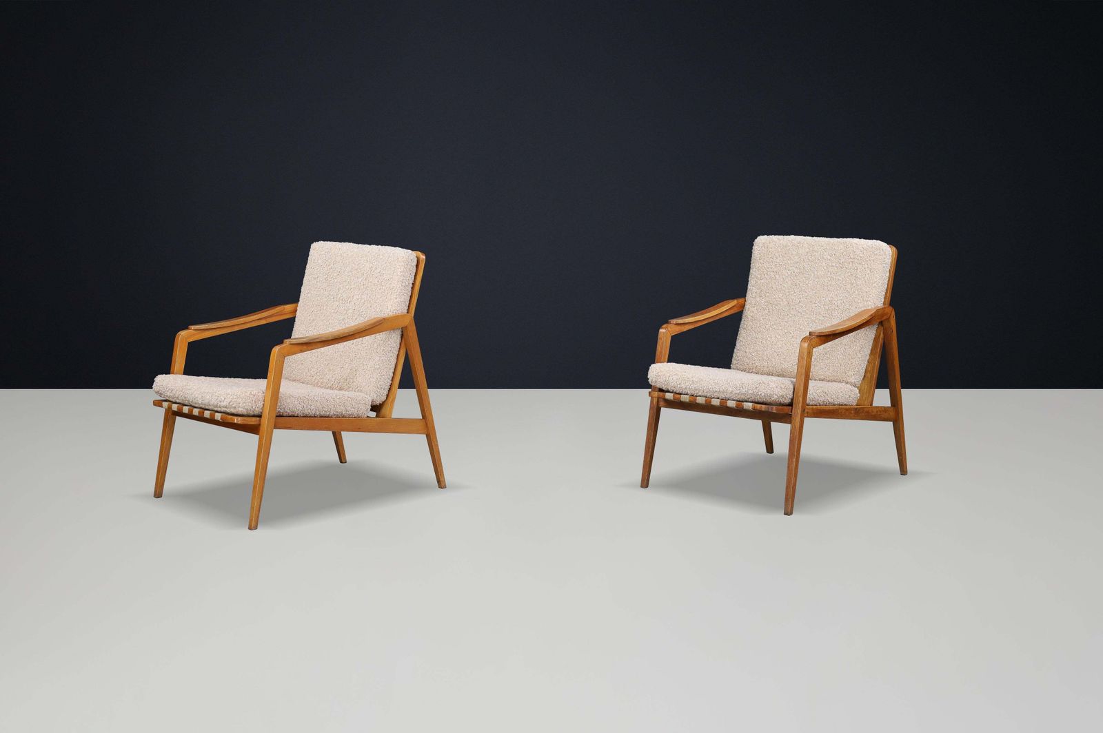 Pair Of Mid Century Lounge Chairs In French Ash With New Teddy Upholstery, 1960s photo Furniture