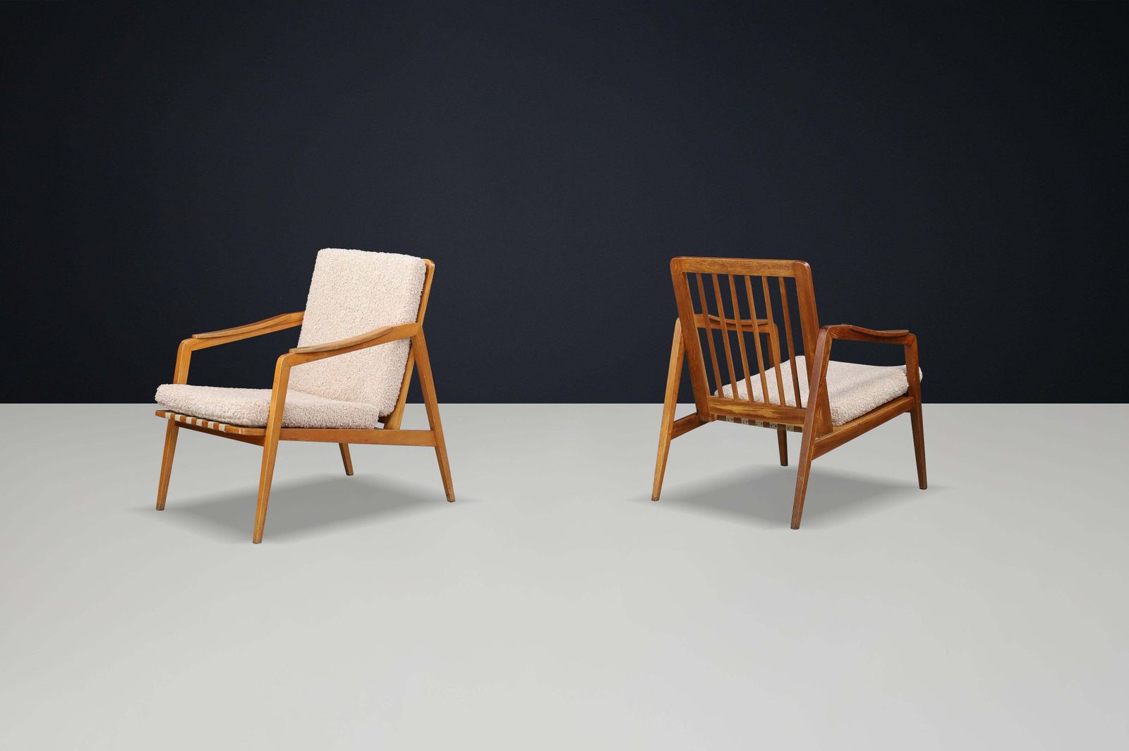 Pair Of Mid Century Lounge Chairs In French Ash With New Teddy Upholstery, 1960s photo vinterior