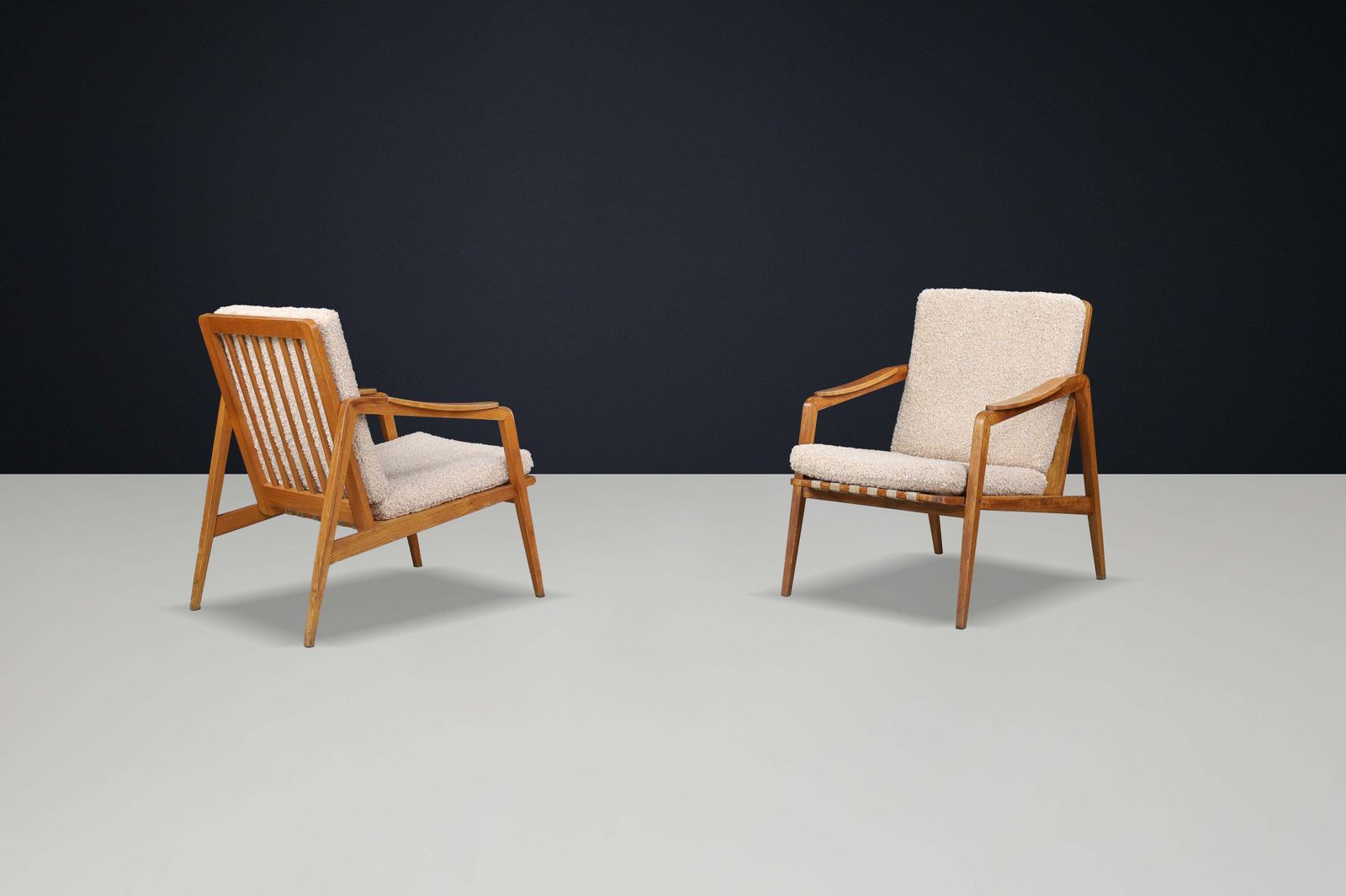 photo furniture Pair Of Mid Century Lounge Chairs In French Ash With New Teddy Upholstery, 1960s