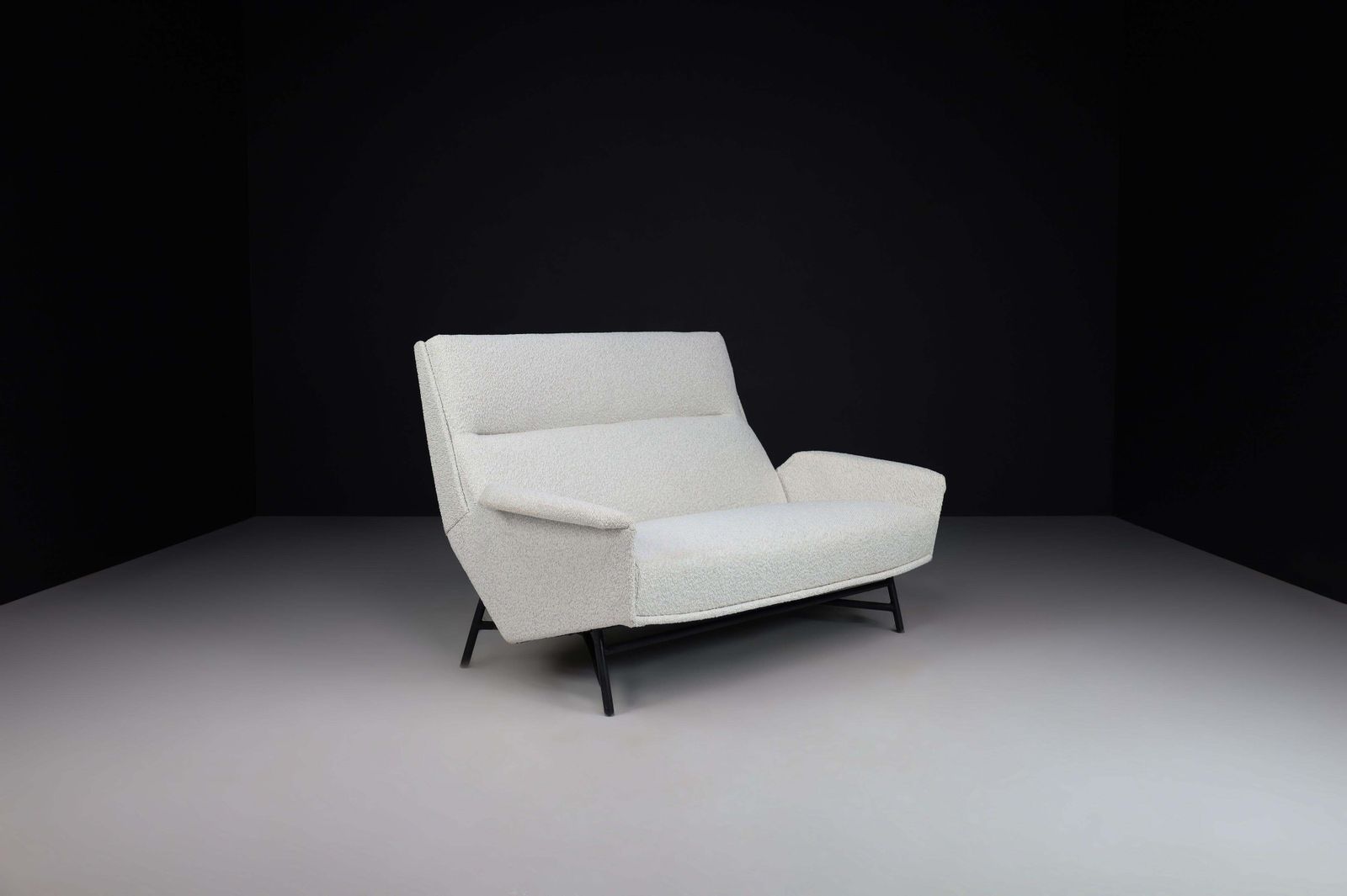 photo for sale Mid Century Modern Lounge Sofa In Re Upholstered Bouclé By Guy Besnard 1959