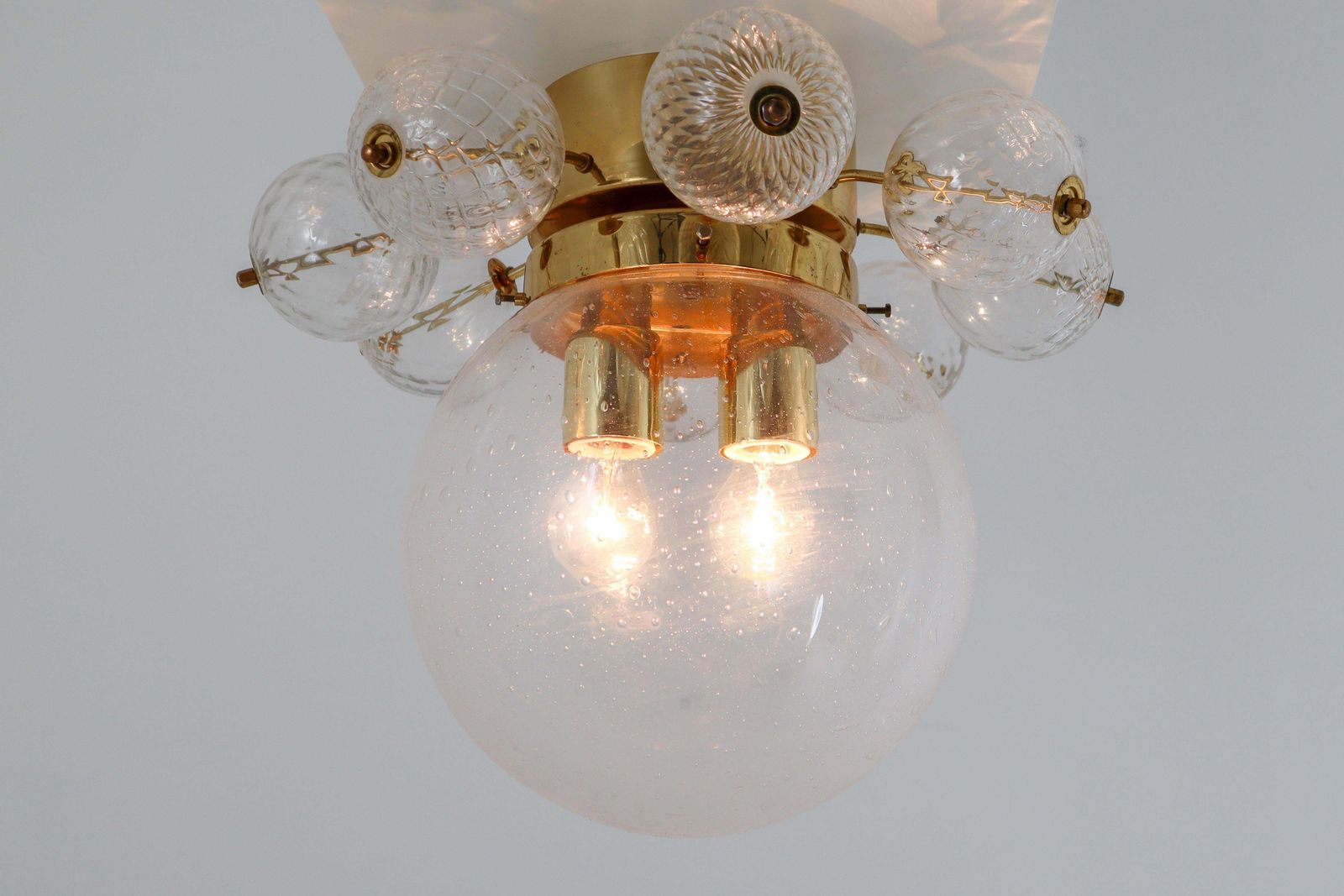 Large Set Midcentury Brass Ceiling Lamp Chandeliers With Hand Blown Glass, 1960s photo for sale