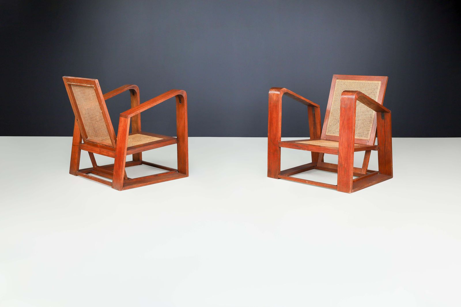 Mid Century Teak And Cane Lounge Chairs From France, 1950s photo vinterior