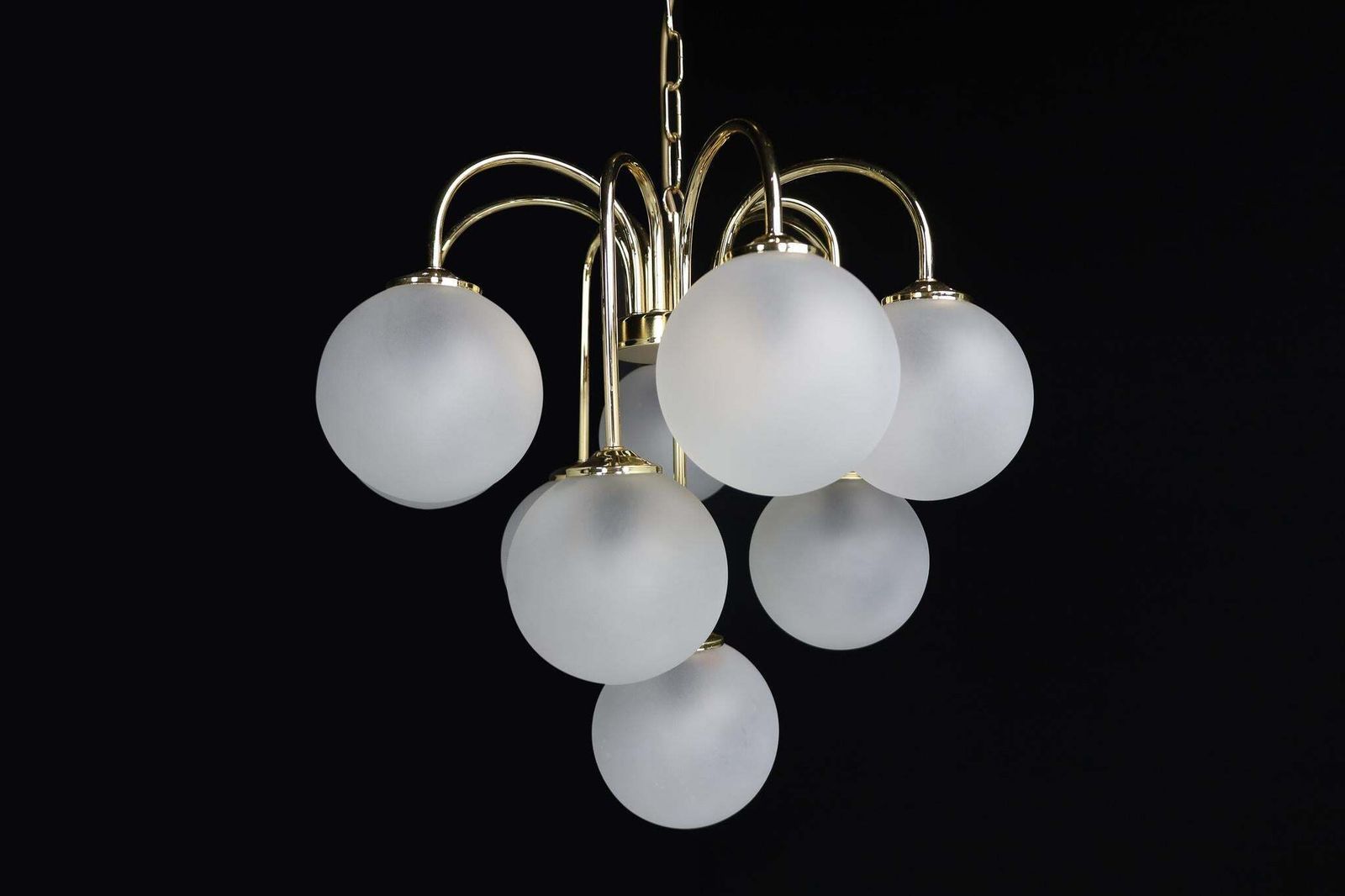 Chandelier In Frosted Hand Blown Glass Globes & Brass, Italy, 1970s photo furniture