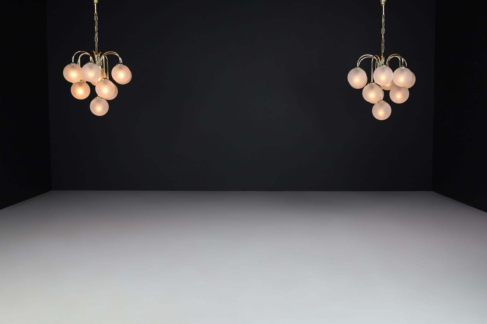 Chandelier In Frosted Hand Blown Glass Globes & Brass, Italy, 1970s photo vintage